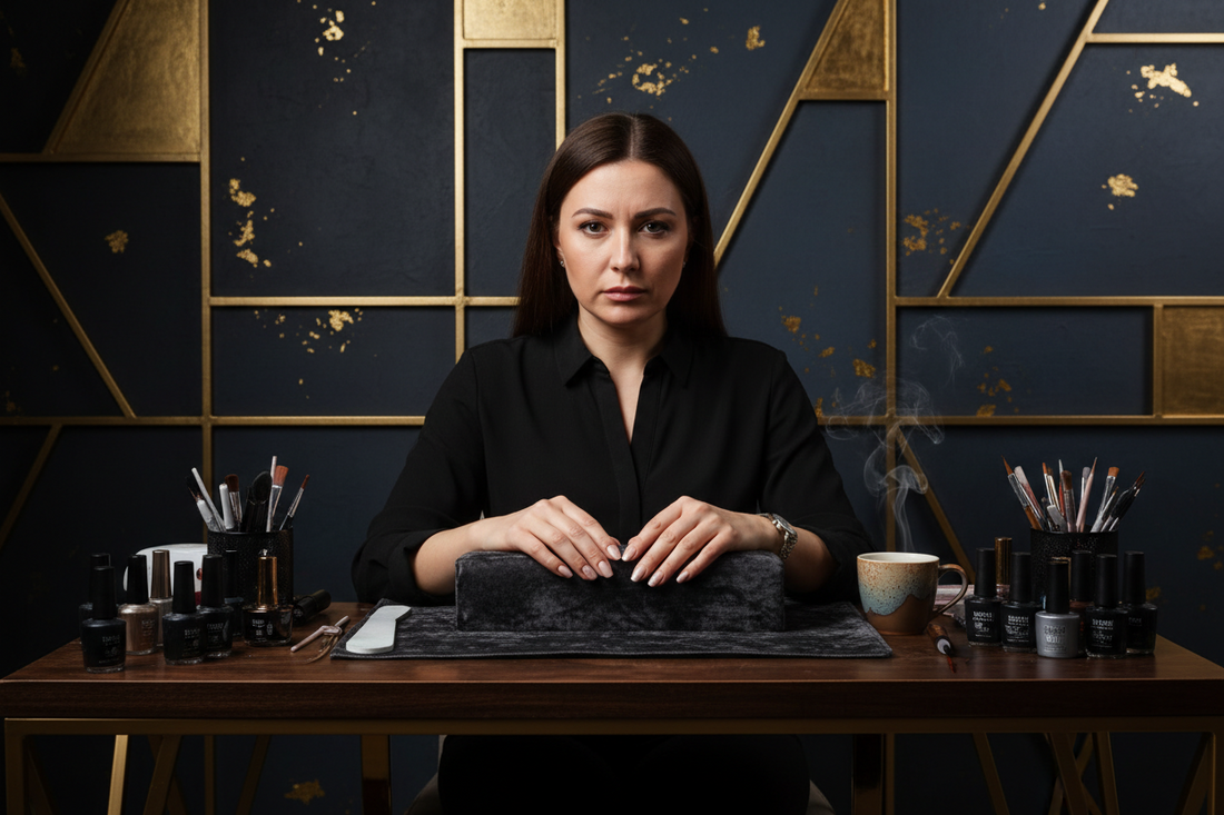 Nail technician at salon table surrounded by nail tools and coffee mug - common nail tech problems