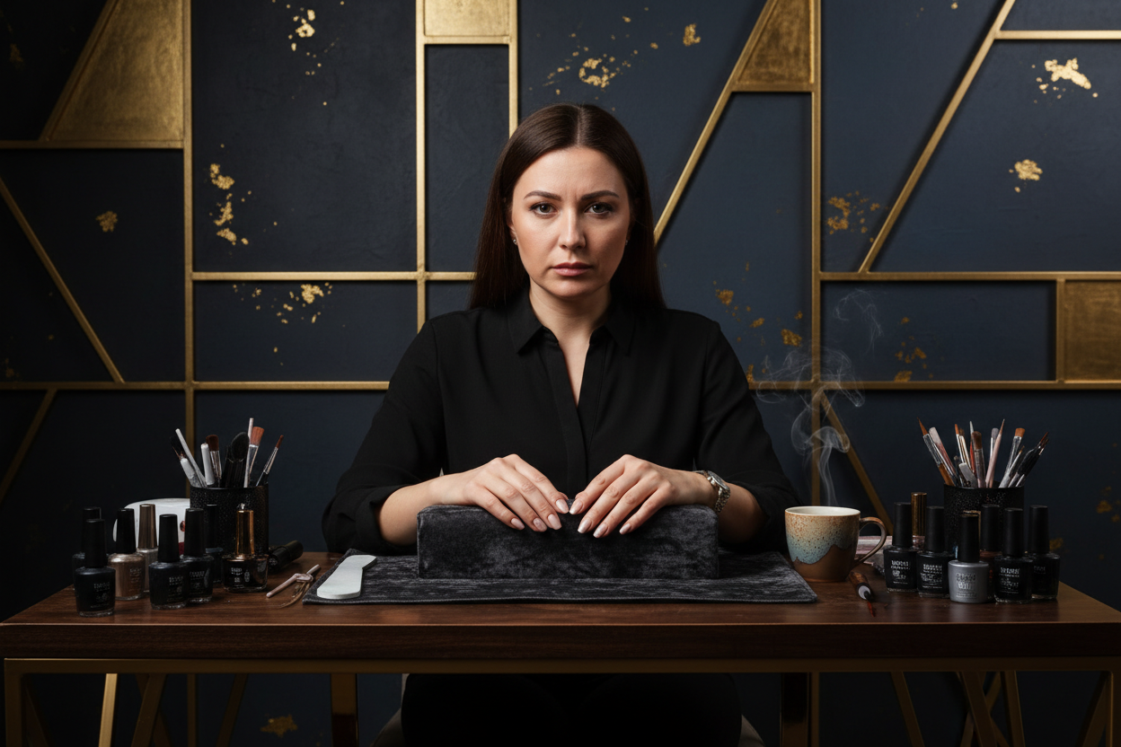 Nail technician at salon table surrounded by nail tools and coffee mug - common nail tech problems