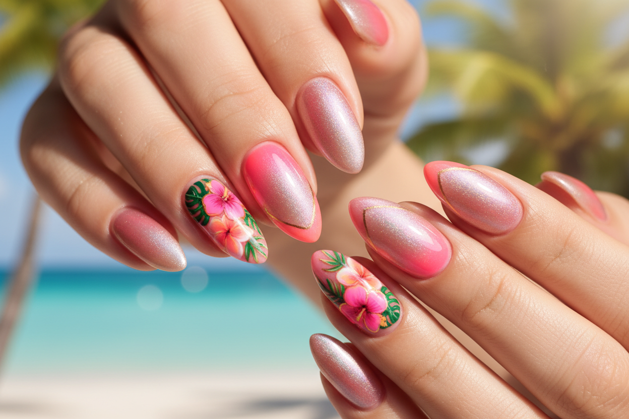 Close-up of summer 2026 nail trends including glazed chrome, neon aura, and floral nail art with warm golden sunlight — nail tech inspiration from Nail Wit