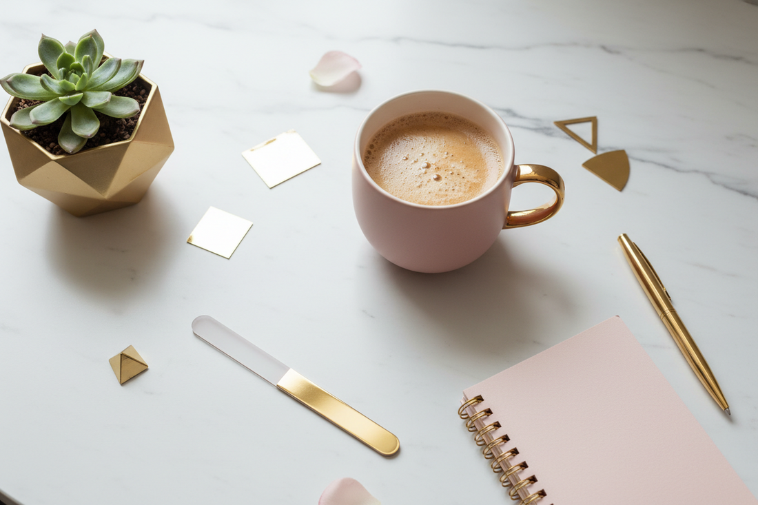 Cozy nail tech lifestyle flat lay with a ceramic mug, nail file, succulent, and pink notebook on white marble — The Nail Wit Journal
