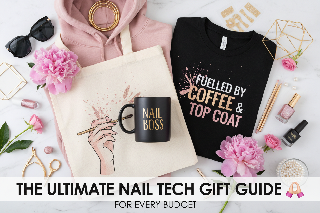A styled flat lay of nail tech gifts including a black coffee mug, canvas tote bag, graphic t-shirt, and hoodie with pink flowers and gold accents — The Ultimate Nail Tech Gift Guide by Nail Wit