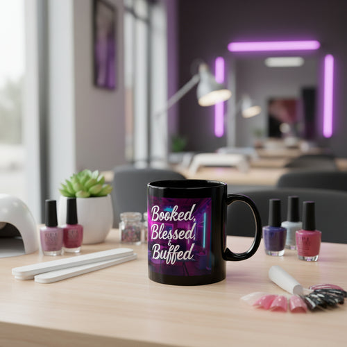 Black mug with 'Booked, Blessed & Buffed' text on a colorful background