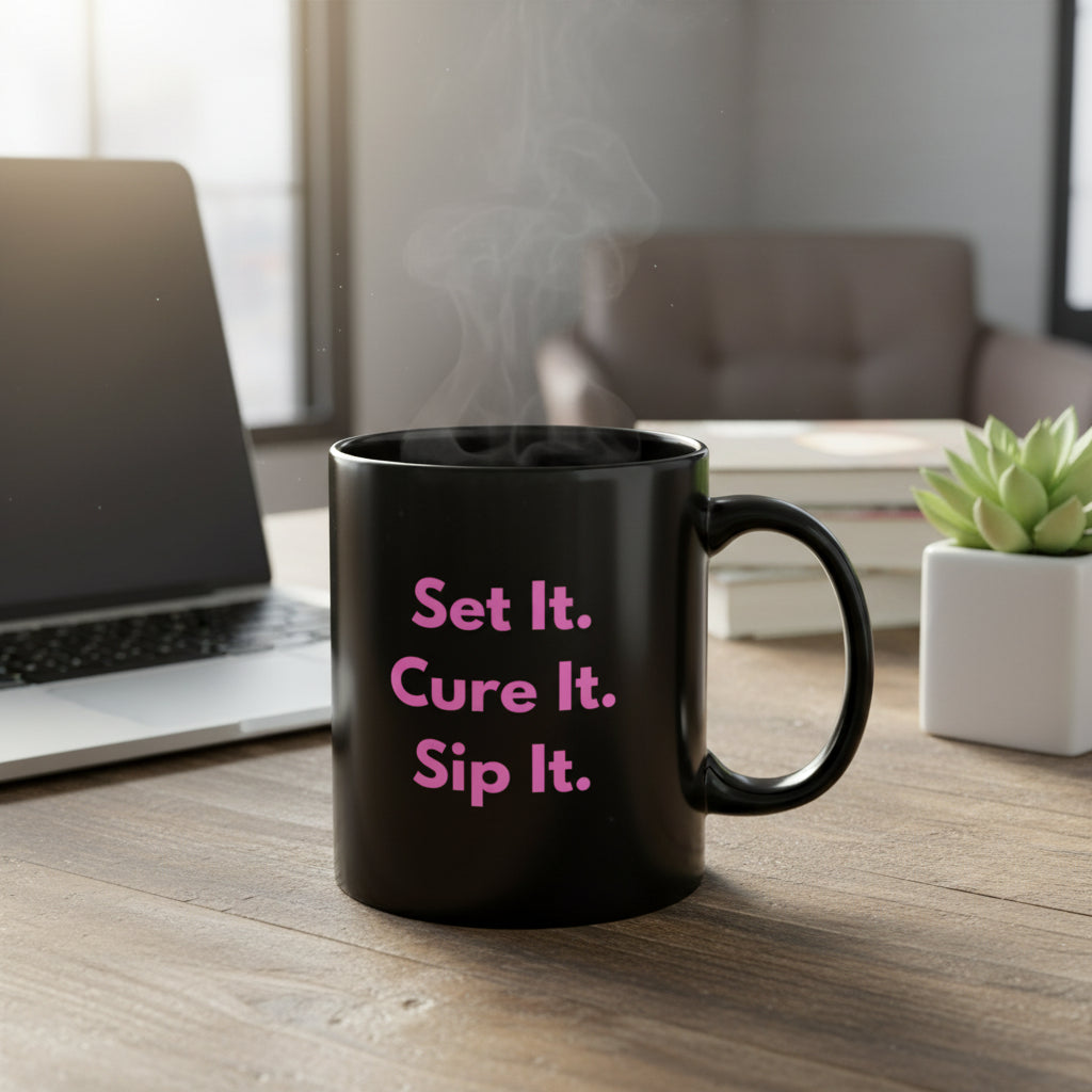 Black mug with pink text 'Set It. Cure It. Sip It.' on a white background