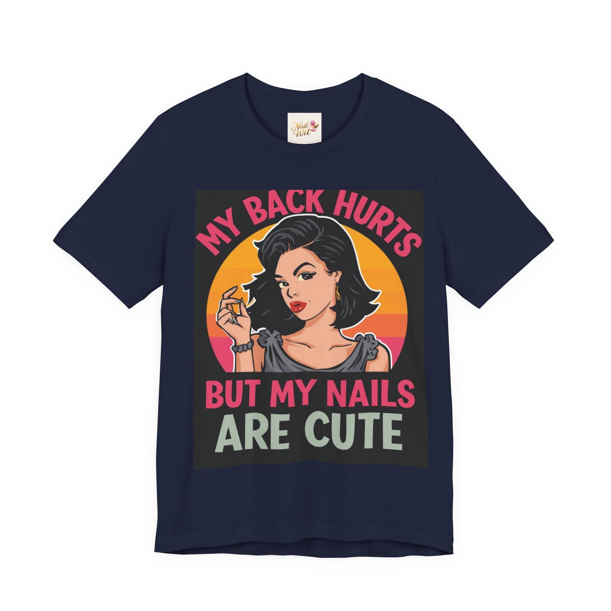Navy blue t-shirt with a graphic design of a woman and text on a white background