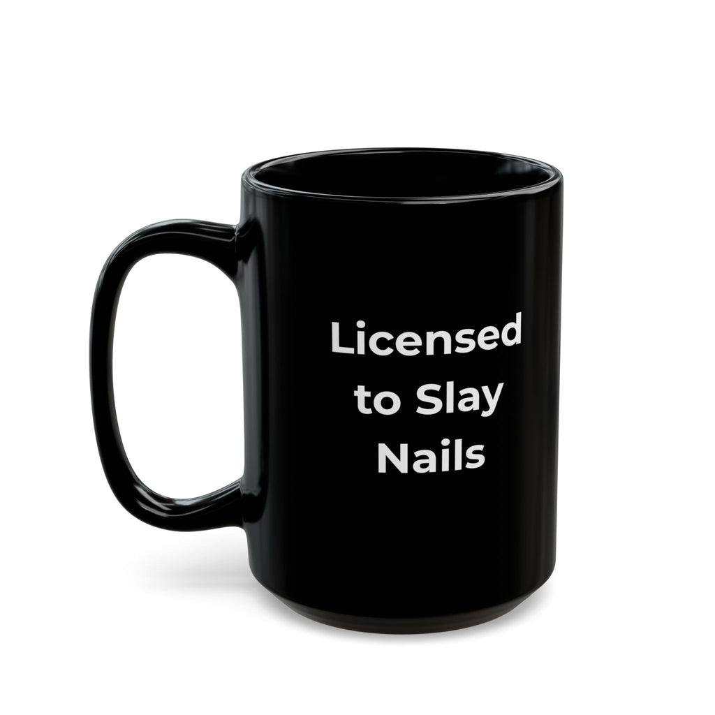 Black mug with a skeleton design and text 'Is it my turn yet?' on a white background