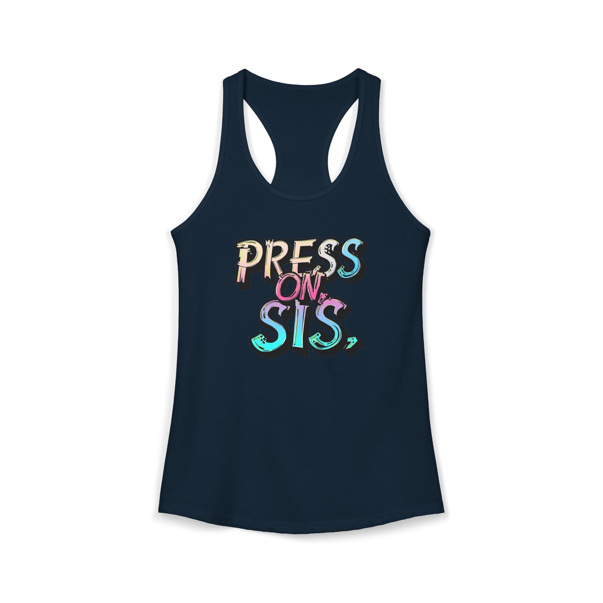 Navy tank top with 'PRESS ON SIS' text on a white background