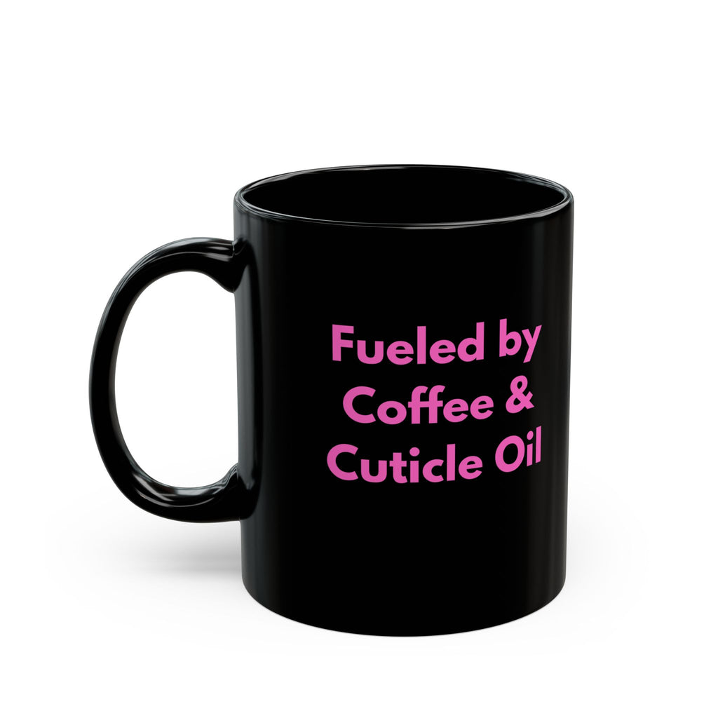 Black mug with white text on a white background