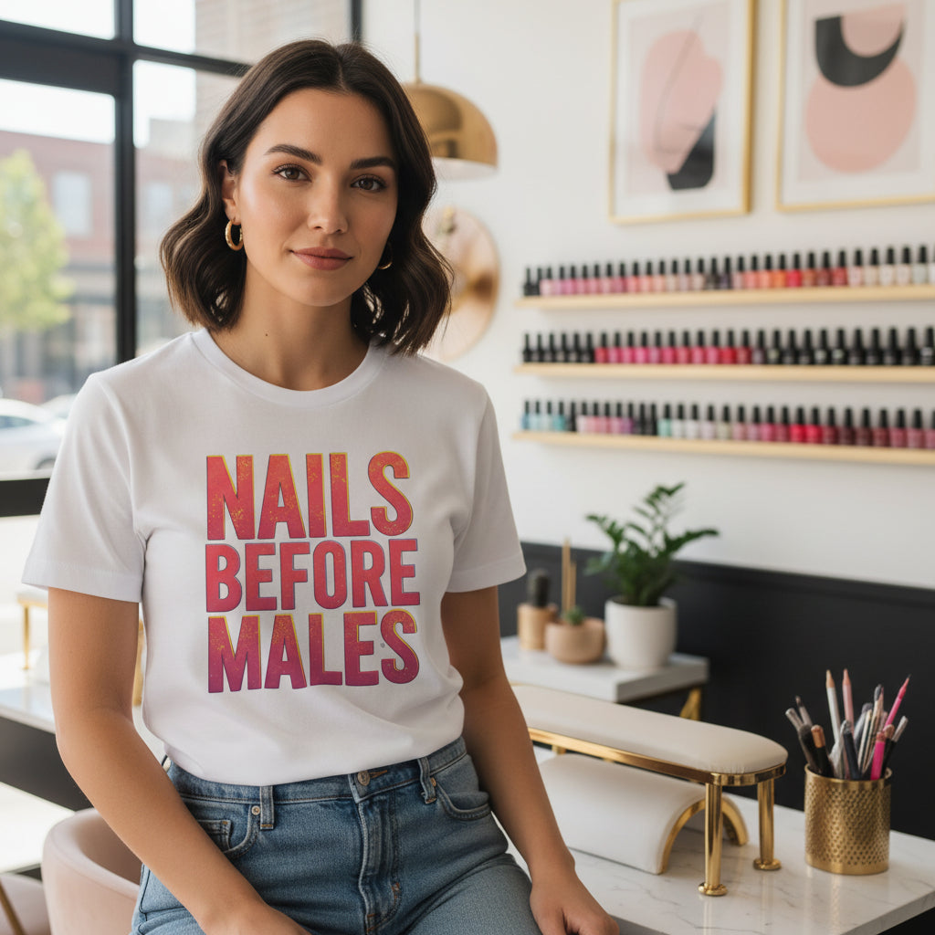 White t-shirt with 'Nails Before Males' text in colorful gradient on a white background