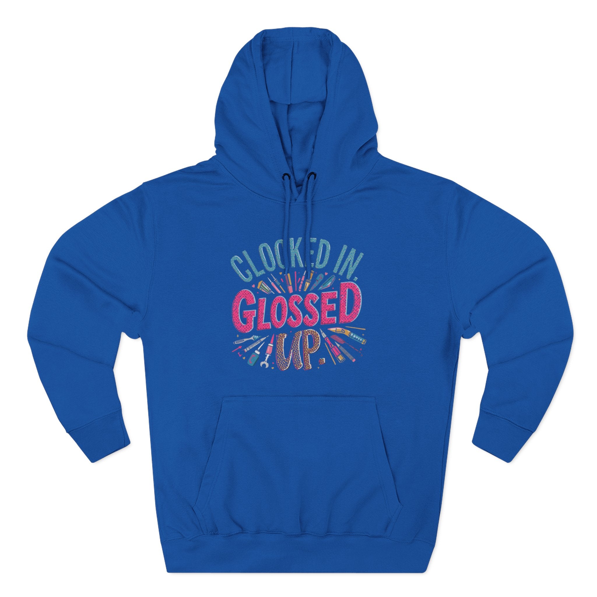 Blue hoodie with colorful text design on a white background