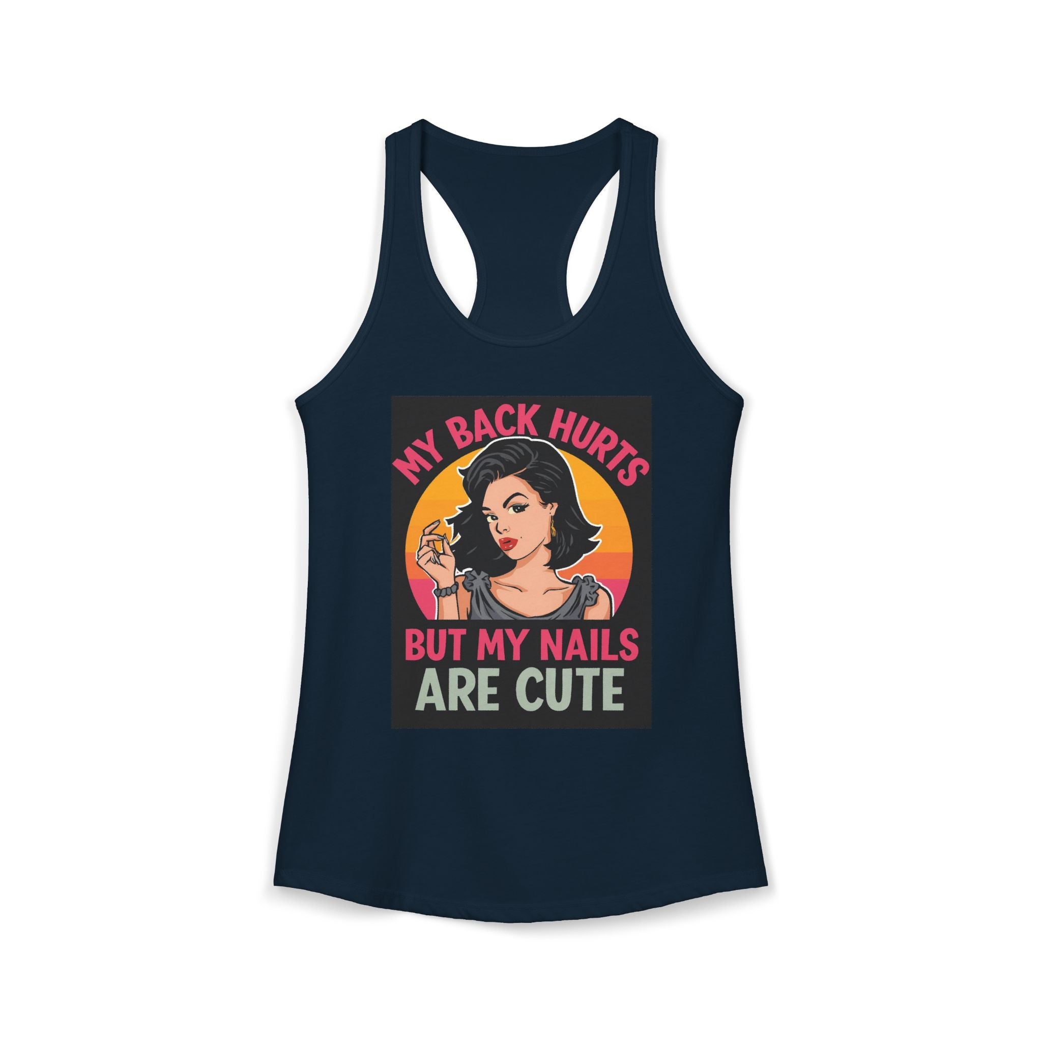 Navy blue tank top with graphic design and text on a white background