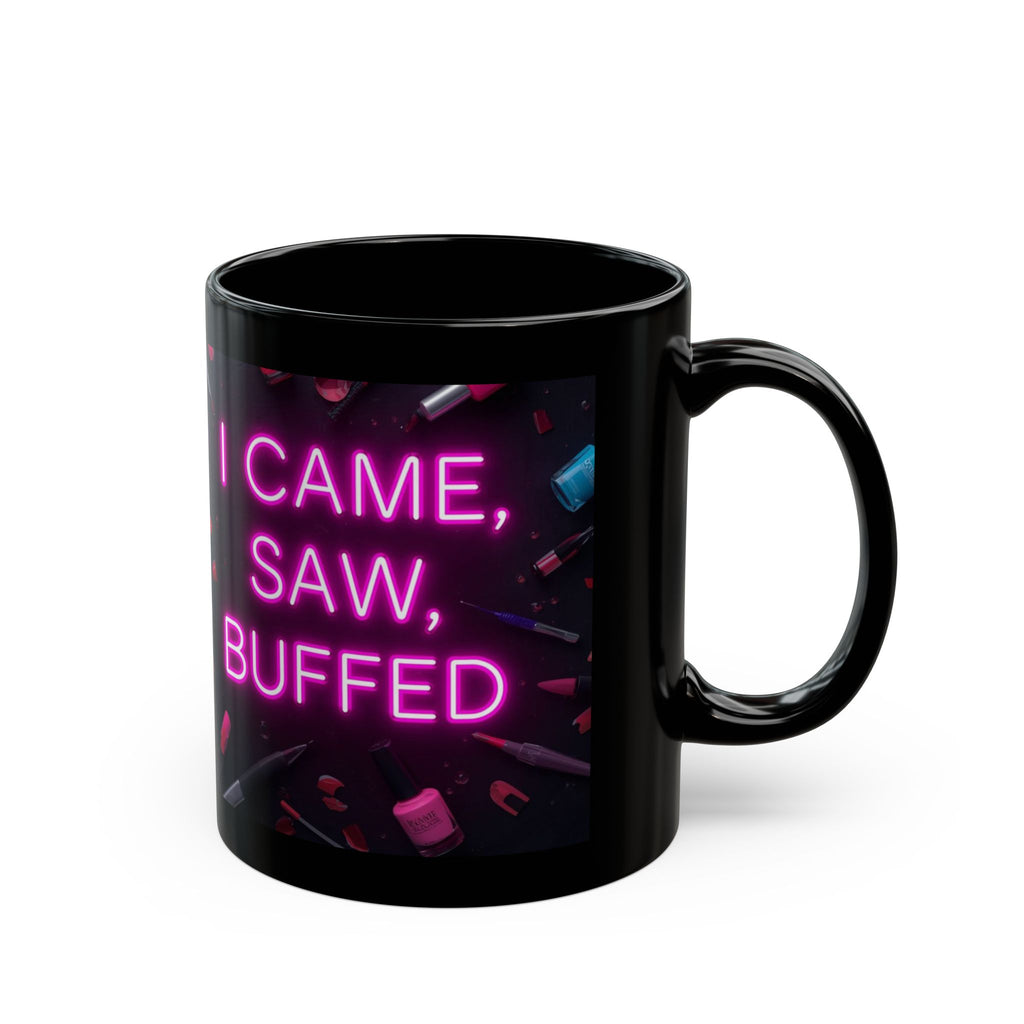 Black mug with pink and blue text on a white background