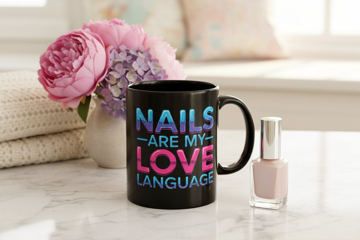 Black mug with colorful text 'Nails are my love language' on a white background