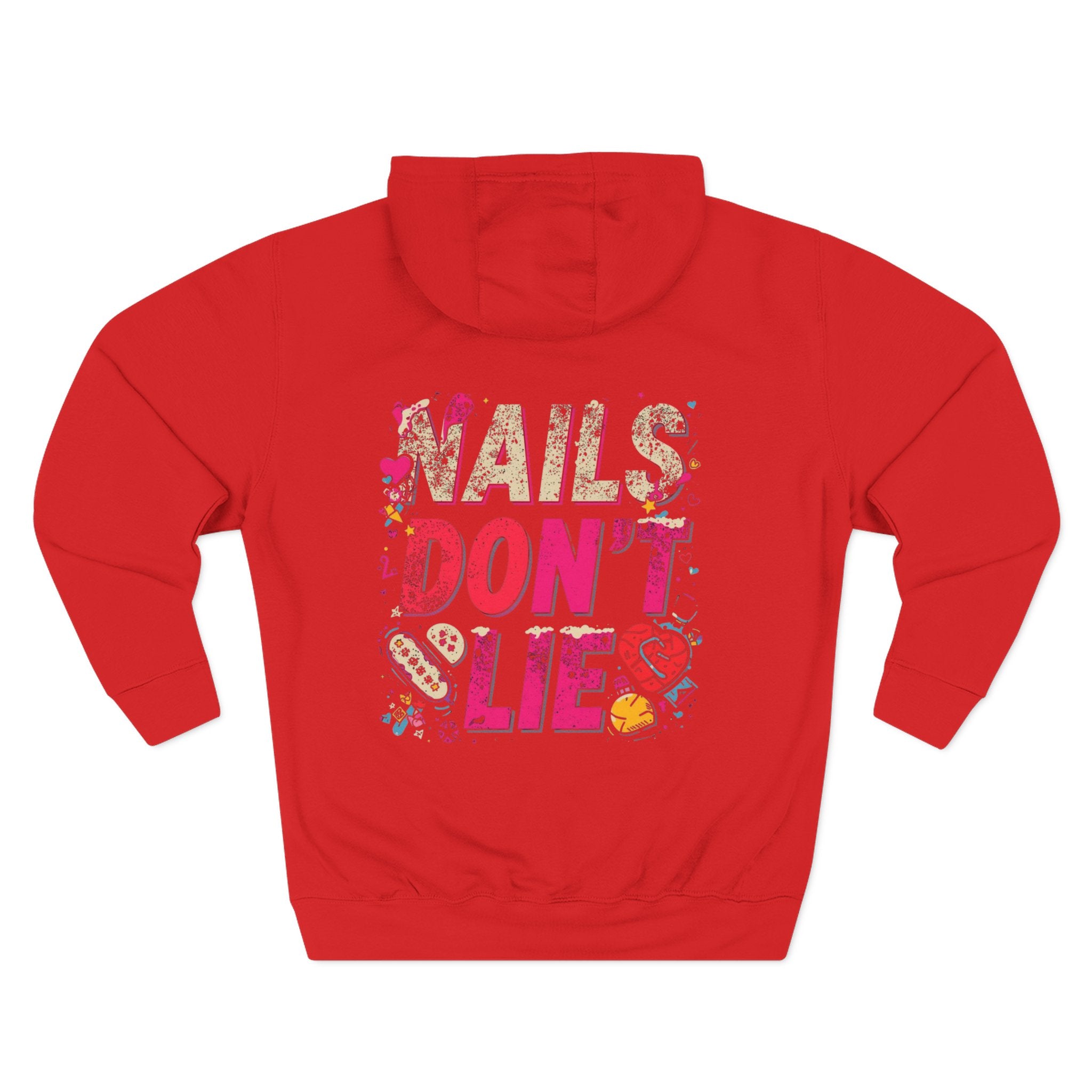 Red hoodie with 'Nails Don't Lie' text and nail polish graphics on a white background