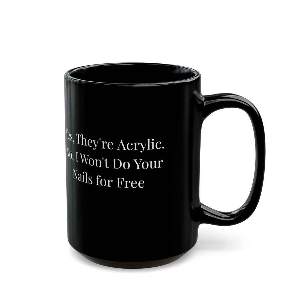Black mug with a purple and blue design on a white background