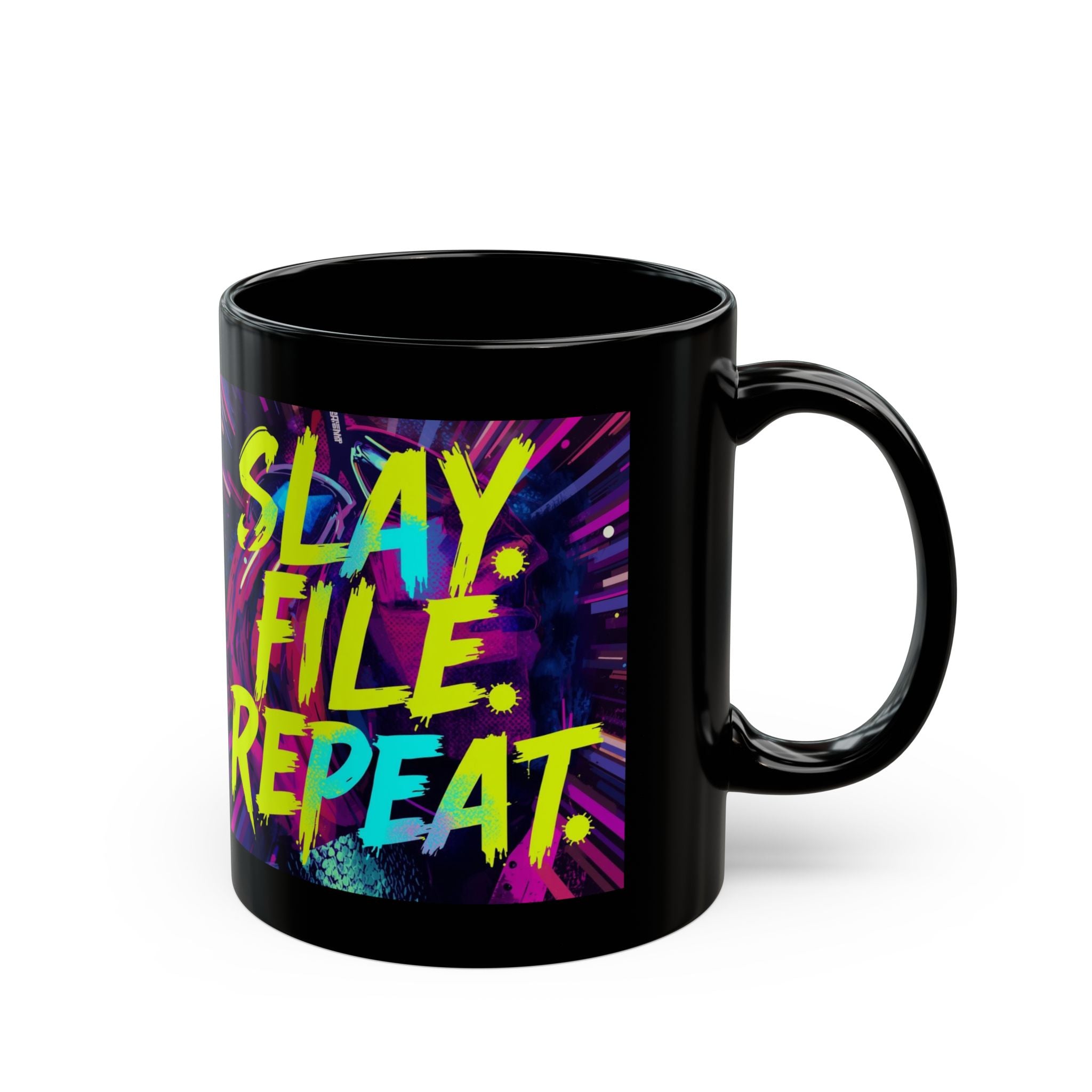 Black mug with colorful 'Slay File Repeat' design on a white background