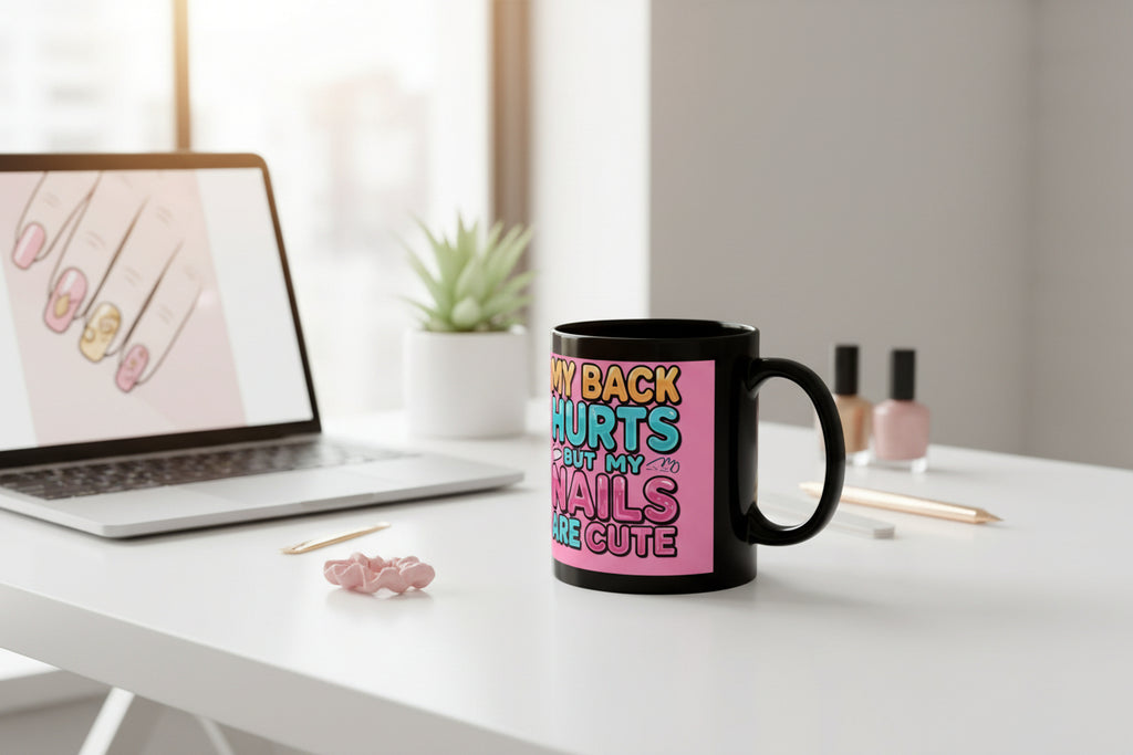 Black mug with colorful text on a pink background