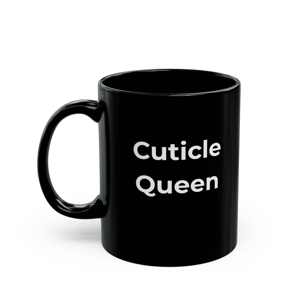 Black mug with a white bat design and text on a white background