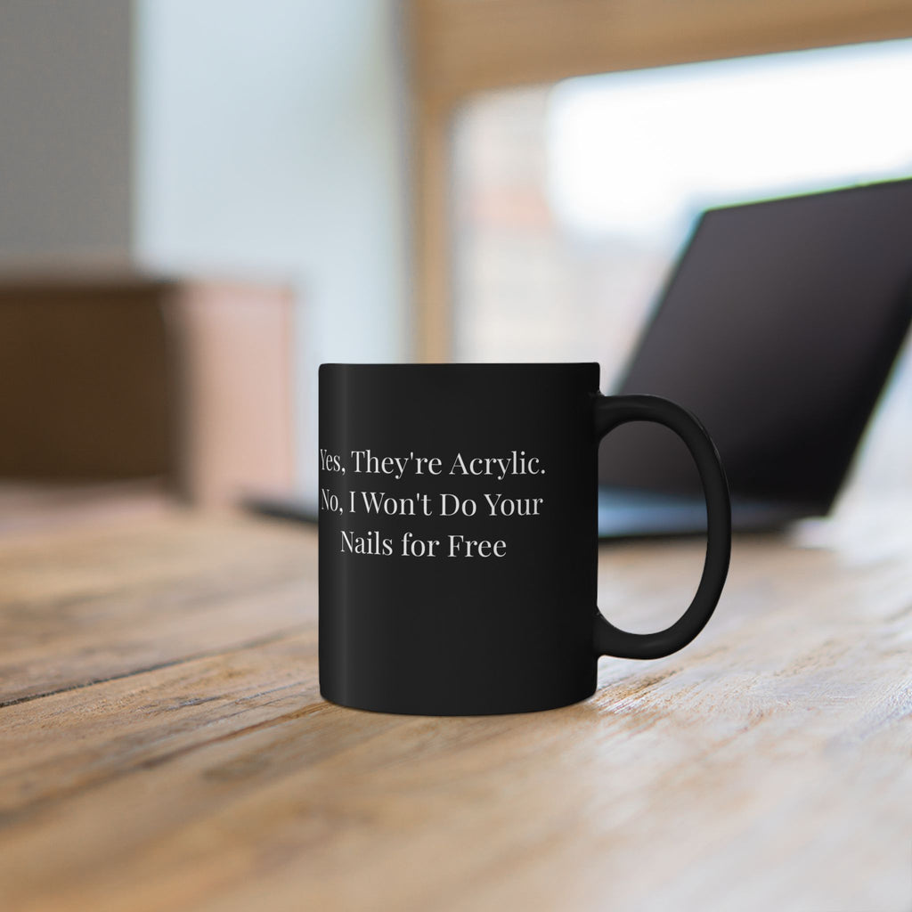 Black mug with 'High Lady of the Night Court' design on a wooden surface.