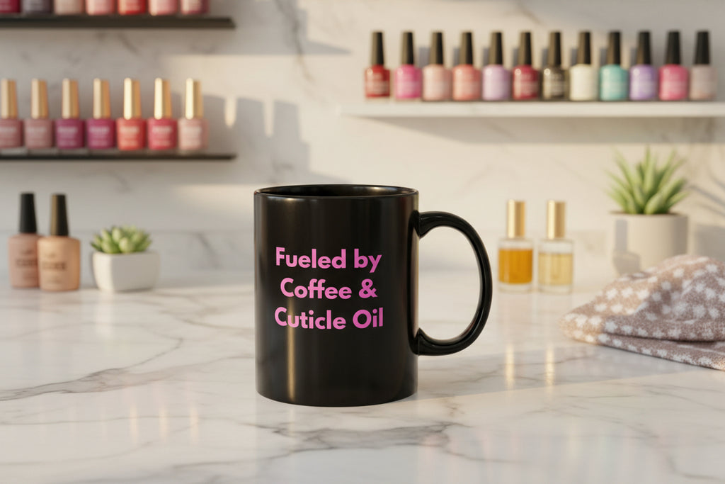 Black mug with pink text 'Fueled by Coffee & Cuticle Oil' on a white background