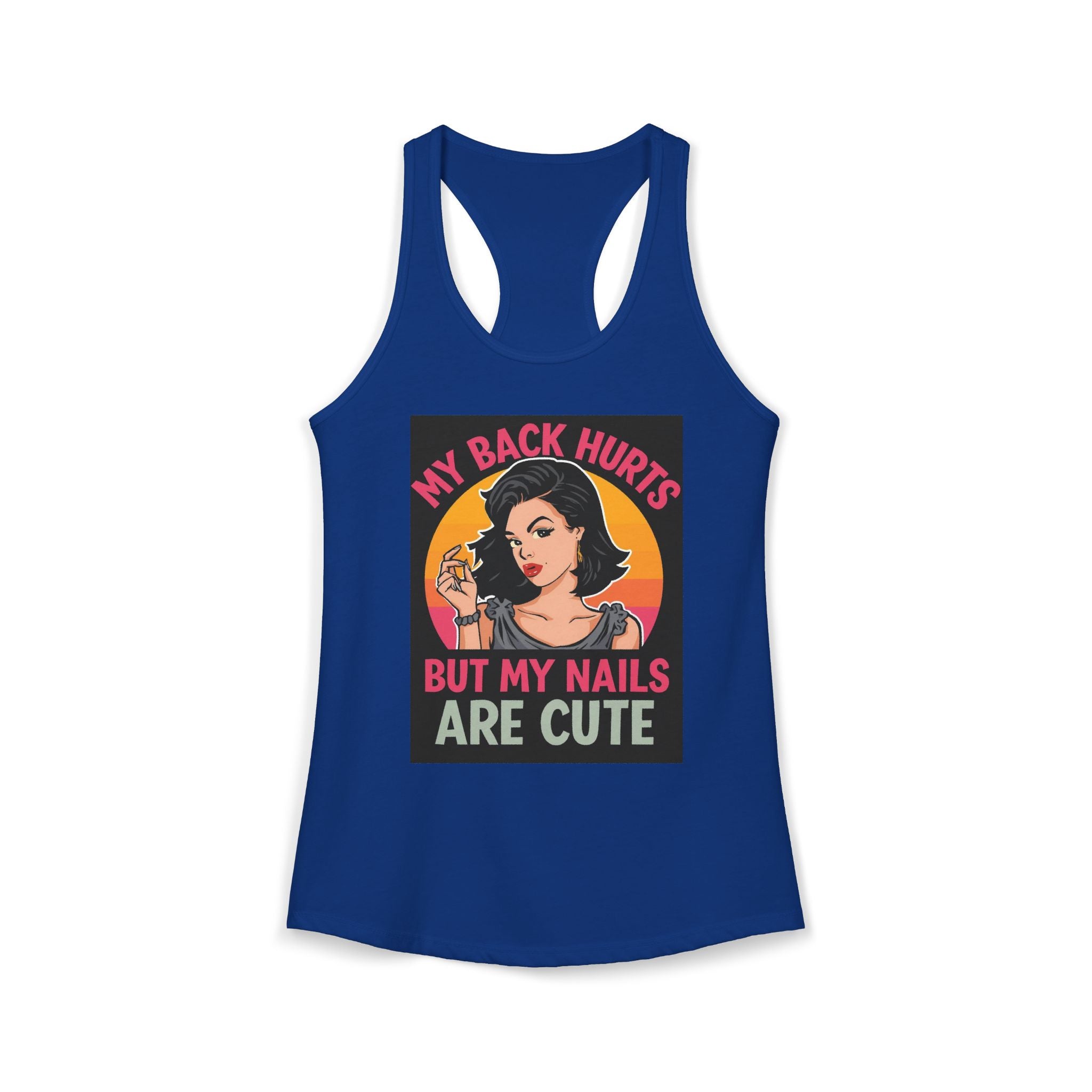 Blue tank top with graphic design and text on a white background