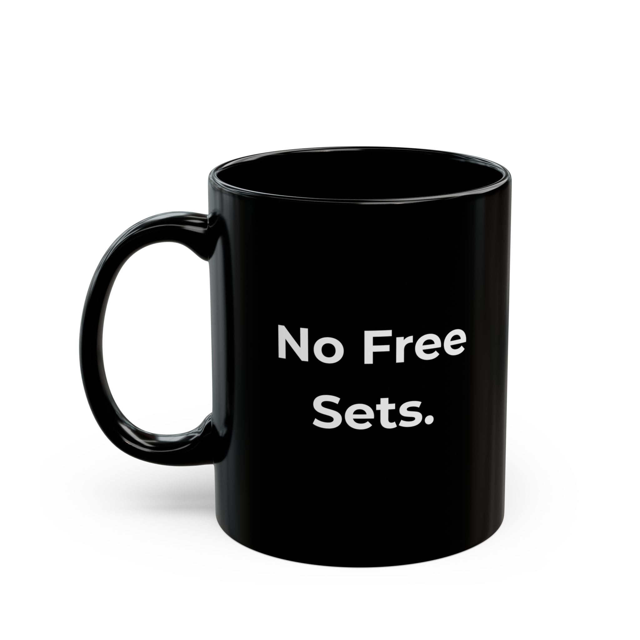 Black mug with a white bat design and text on a white background