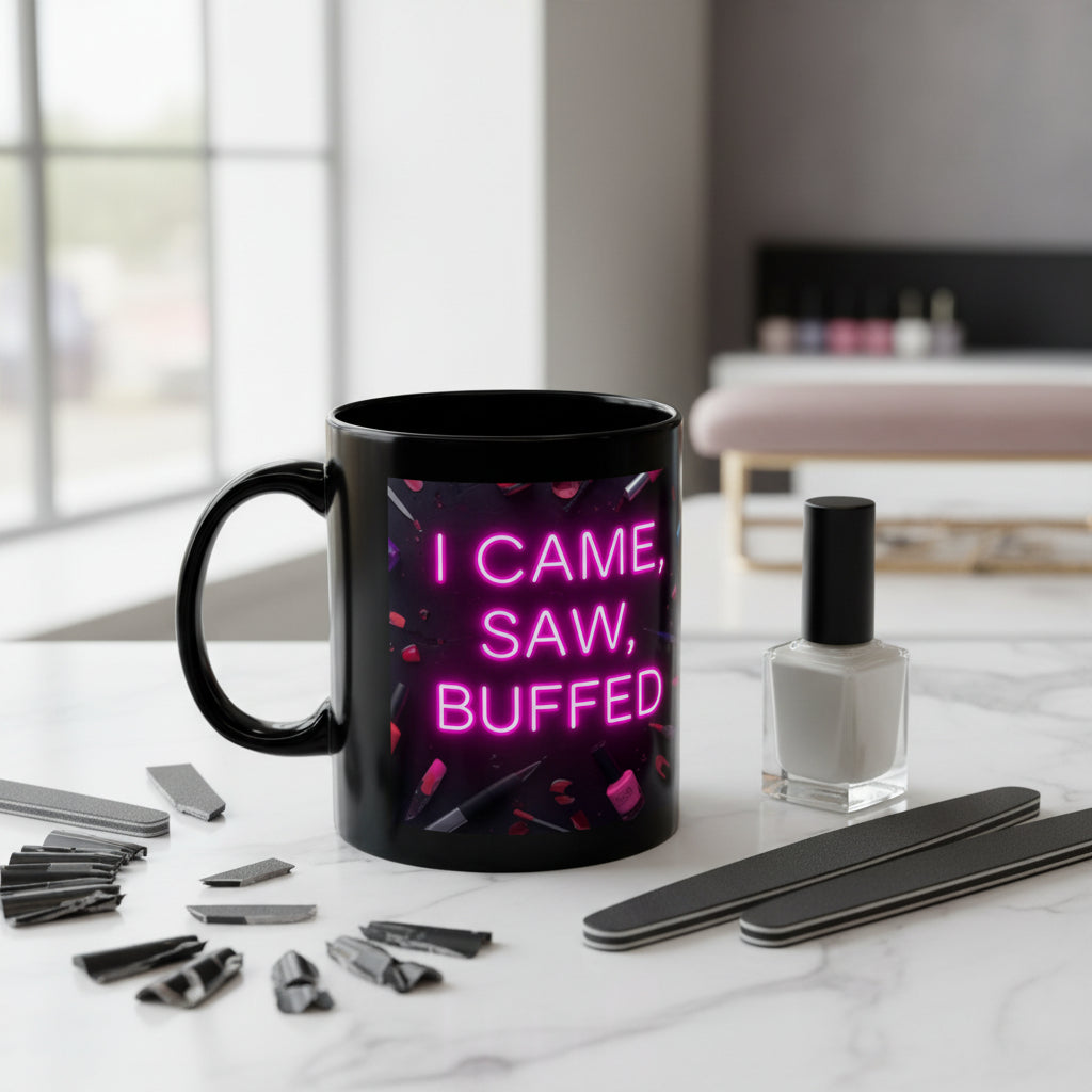 Black mug with pink neon text 'I CAME, SAW, BUFFERED' on a white background