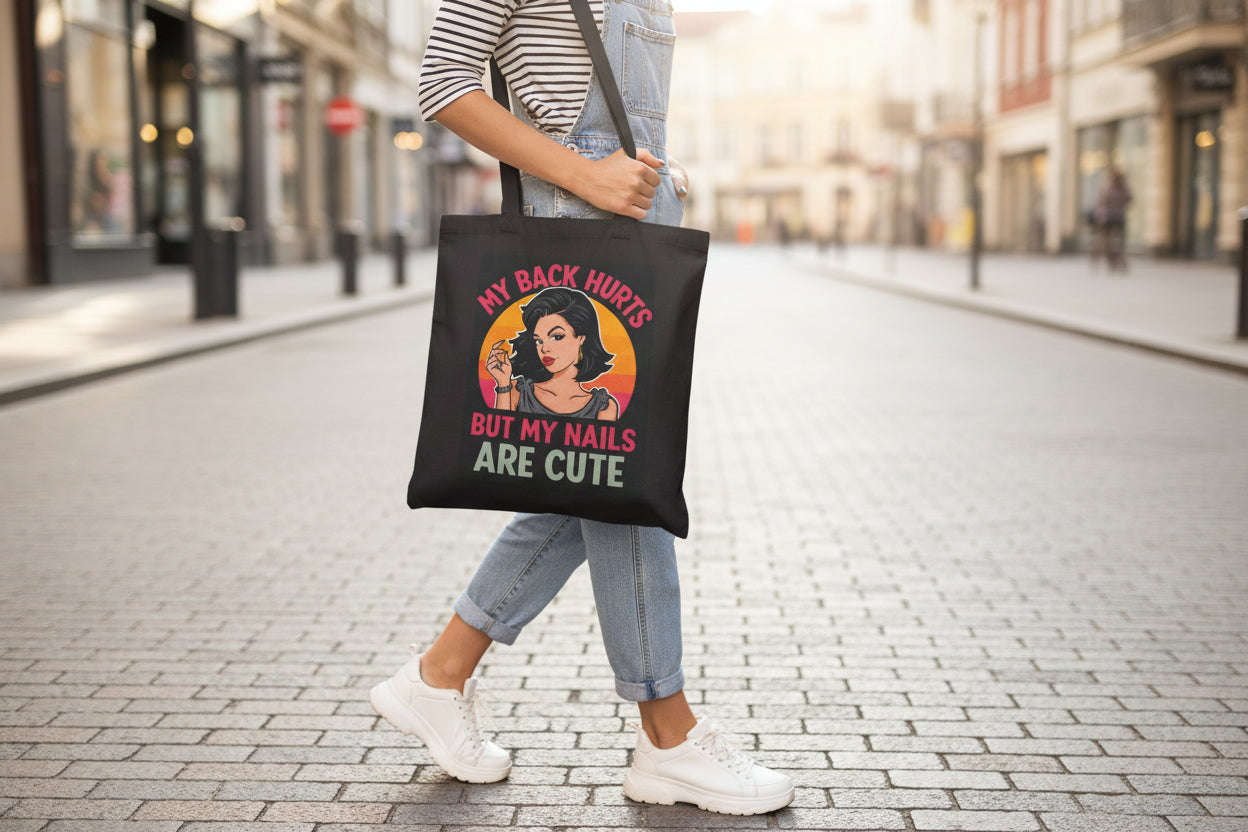 Black tote bag with a graphic design and text on a white background
