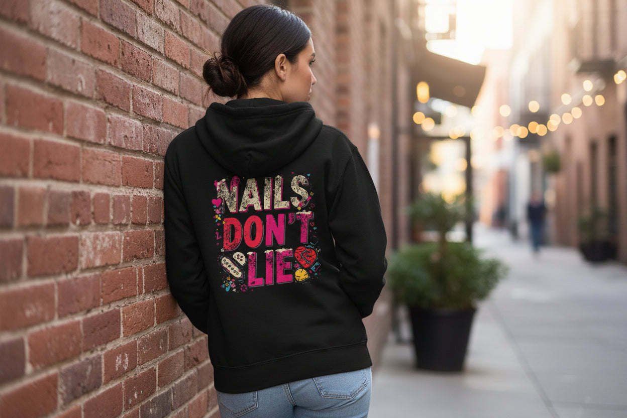 Black hoodie with 'Nails Don't Lie' text design on a white background