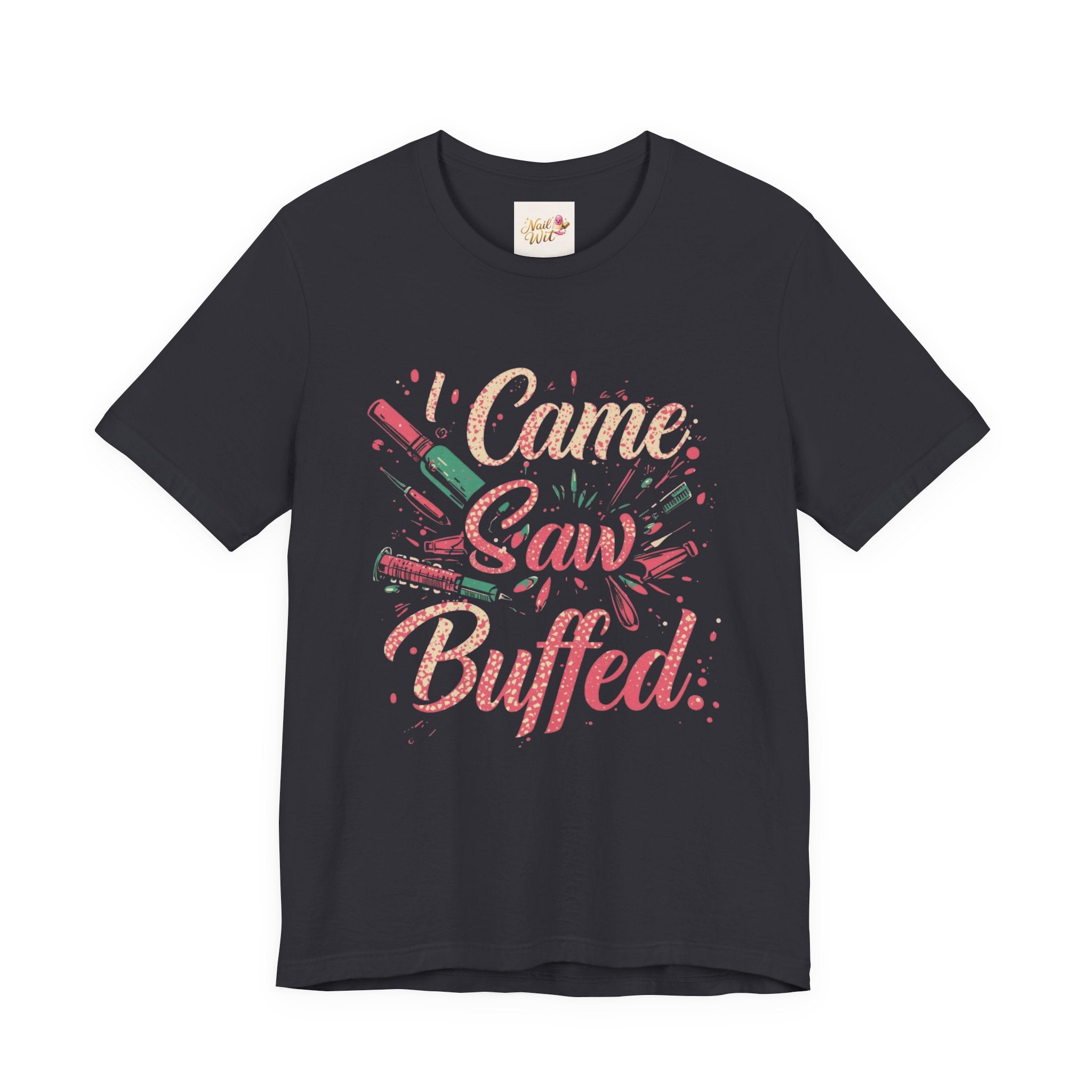 Black t-shirt with colorful text design on a white background