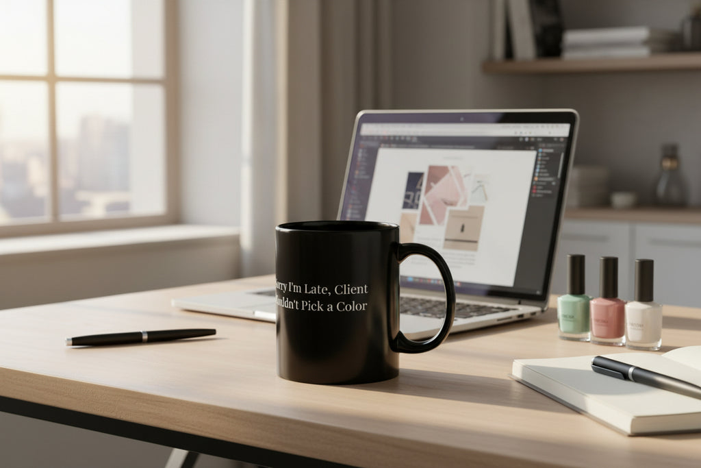 Black mug with white text on a white background