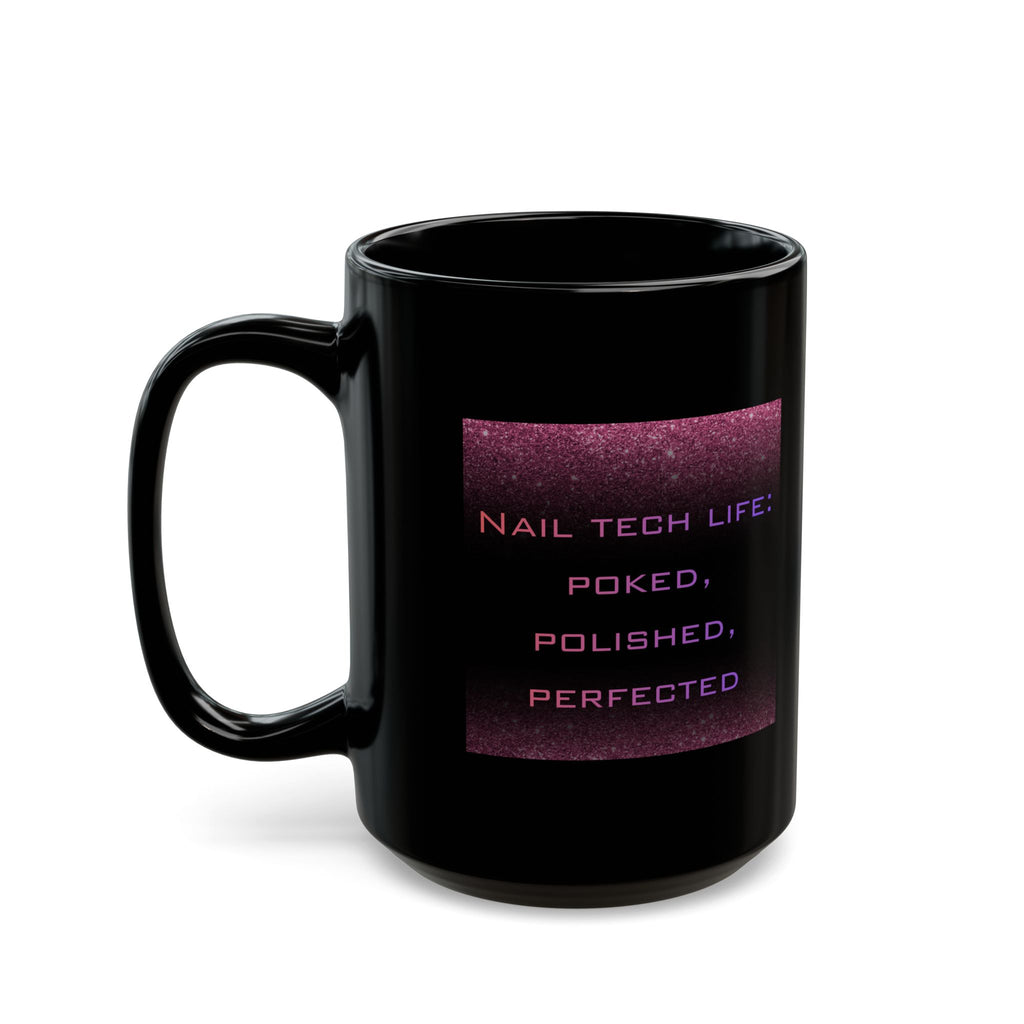 Black mug with purple text on a white background