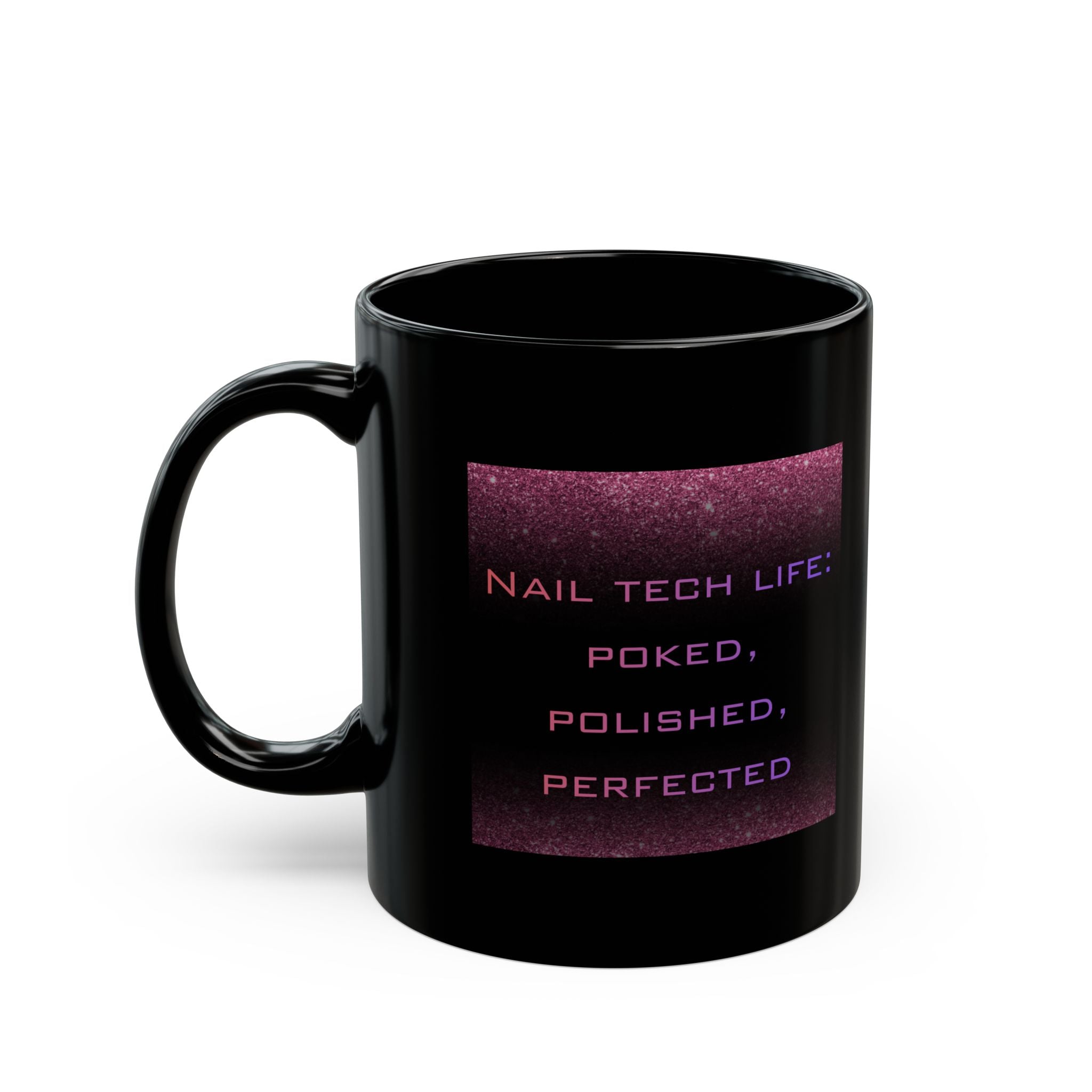 Black mug with purple text on a white background