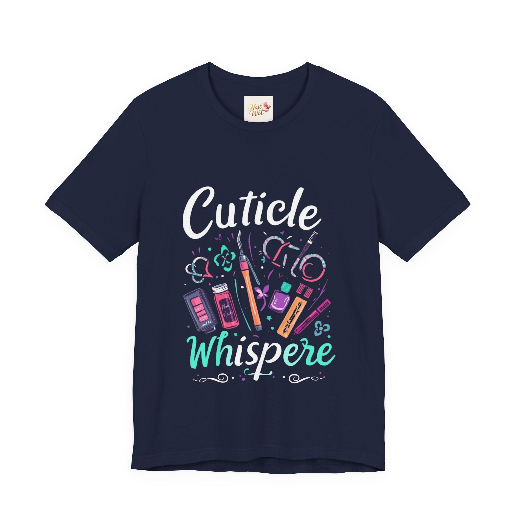 Black t-shirt with colorful graphic and text on a white background