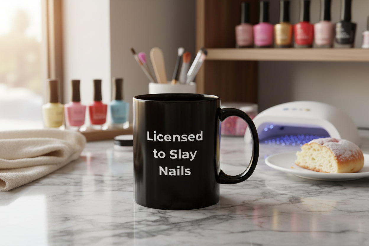 Black mug with a graphic of a person with dreadlocks and text 'Good morning, Jah' on a white background