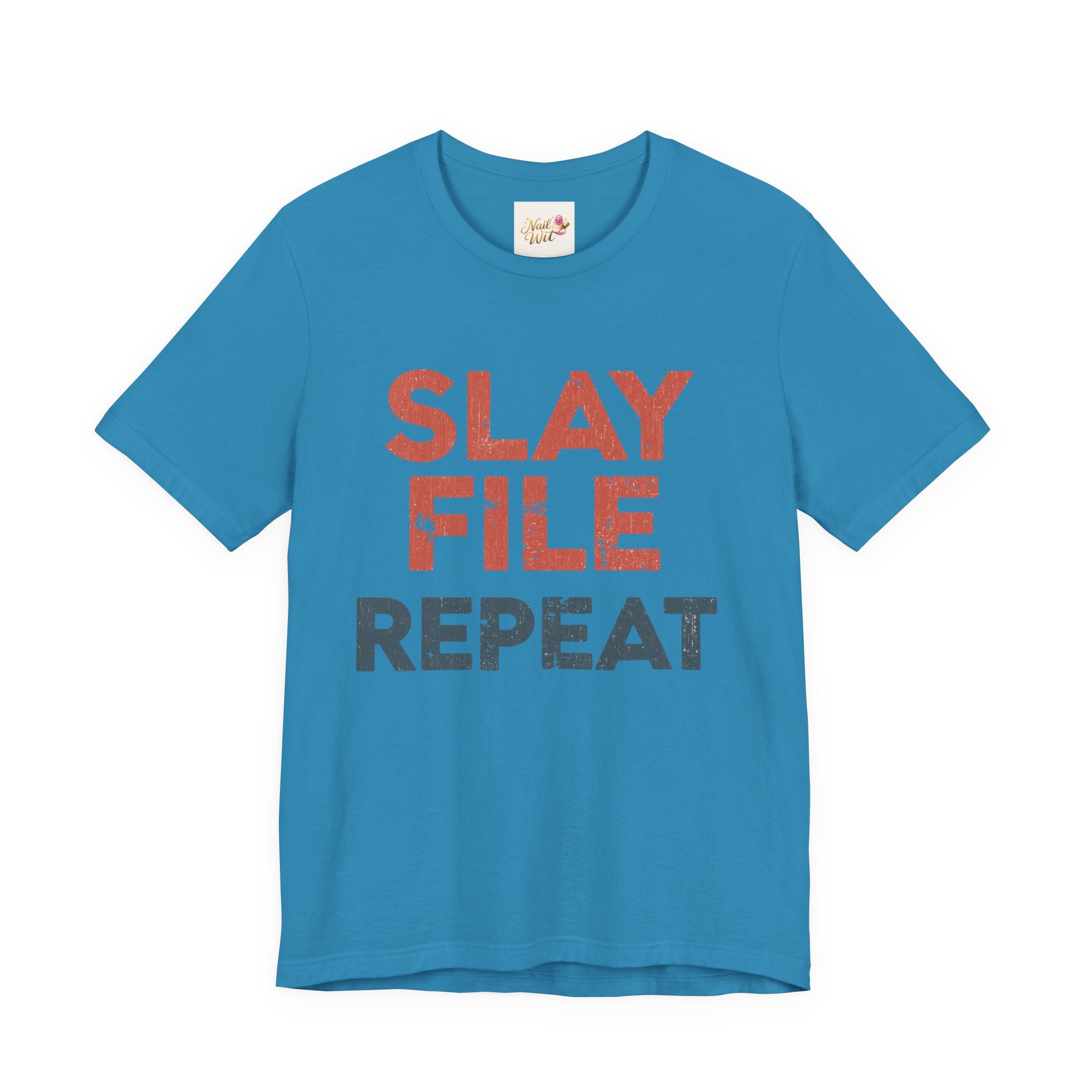 Blue t-shirt with 'Slay File Repeat' text on a white background