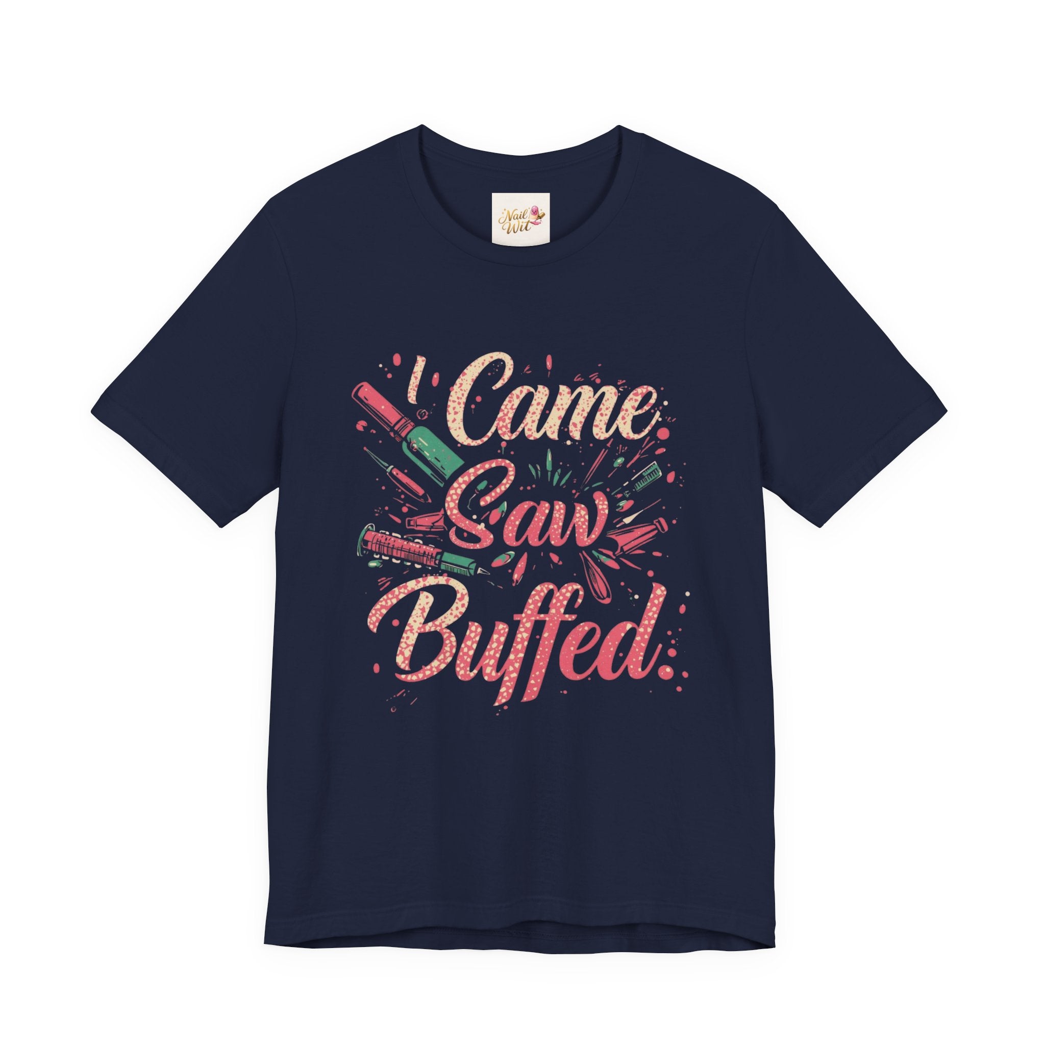Black t-shirt with colorful text design on a white background