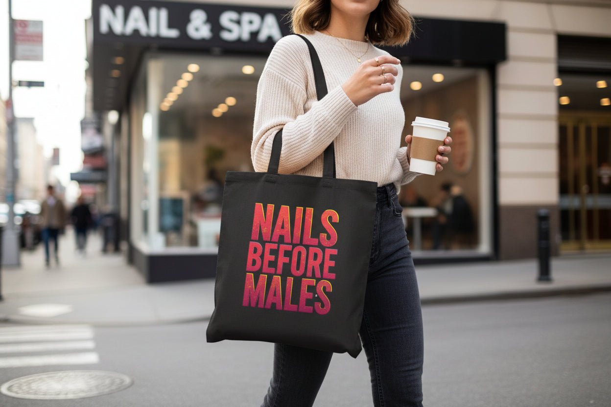 Black tote bag with colorful text 'NAILS BEFORE MALES' on a white background