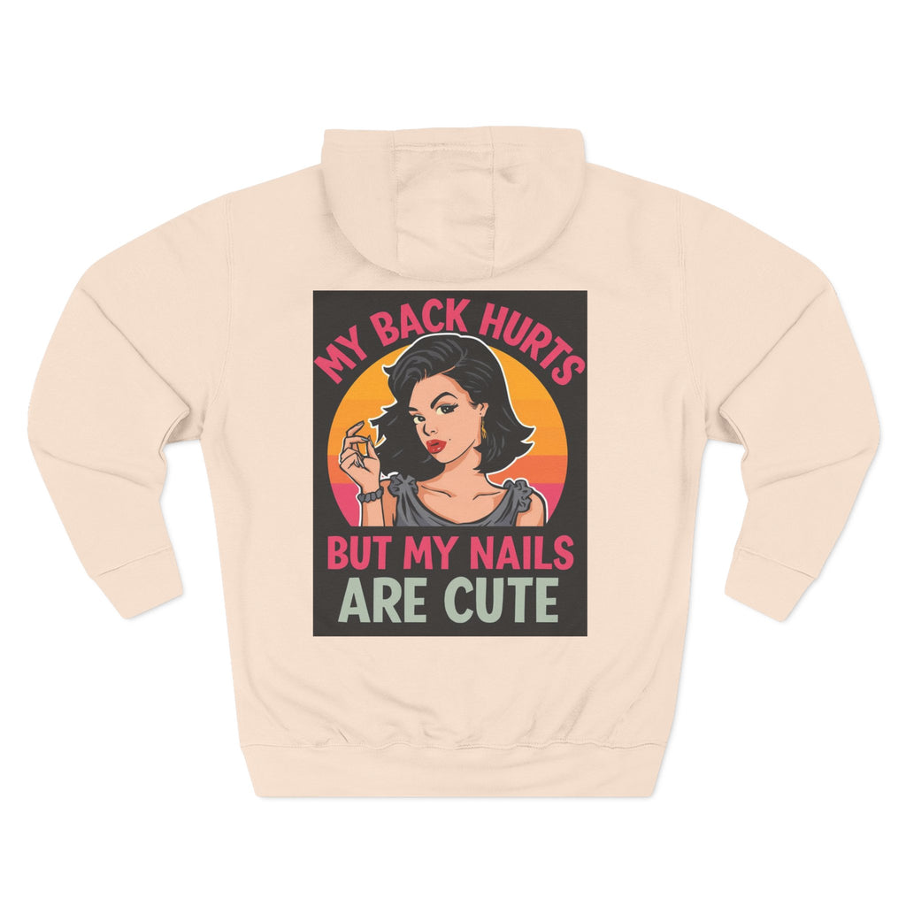 Beige hoodie with graphic design of a woman and text on the back