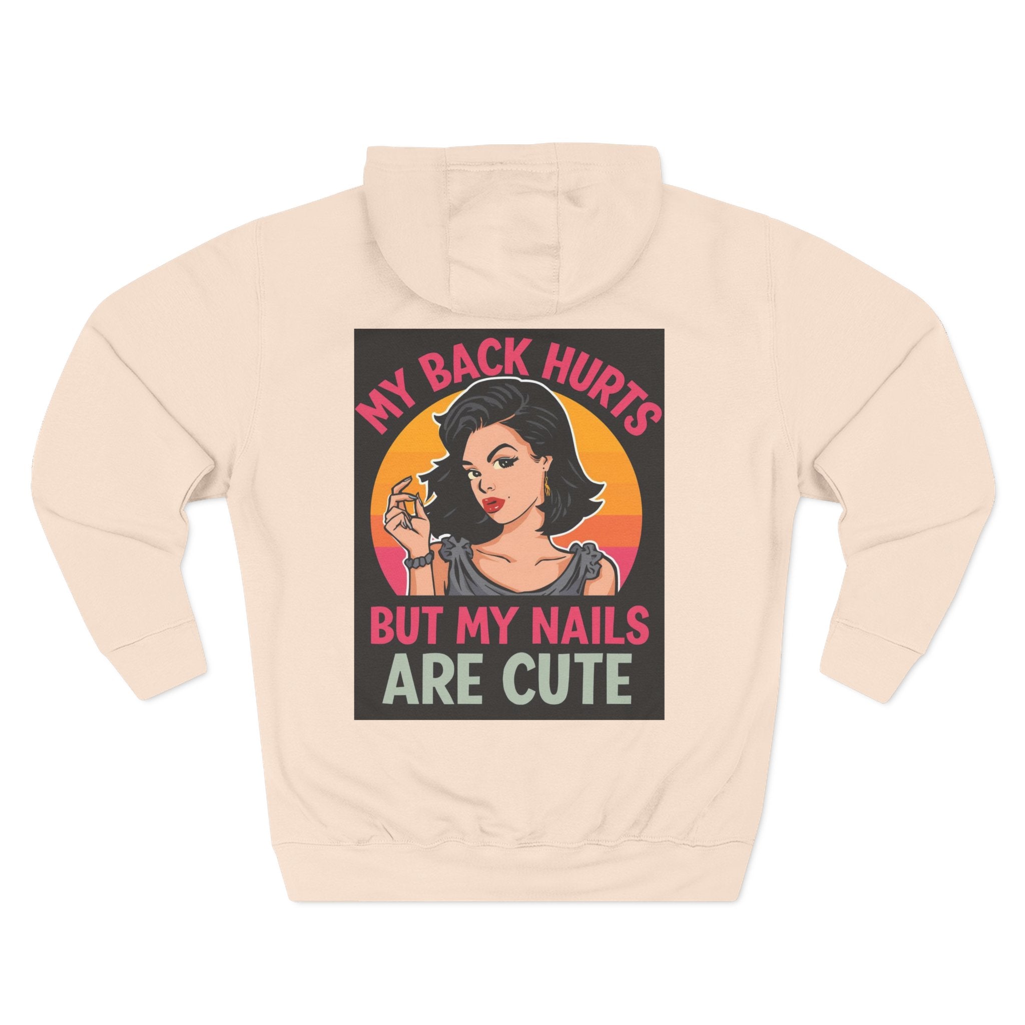 Beige hoodie with graphic design of a woman and text on the back