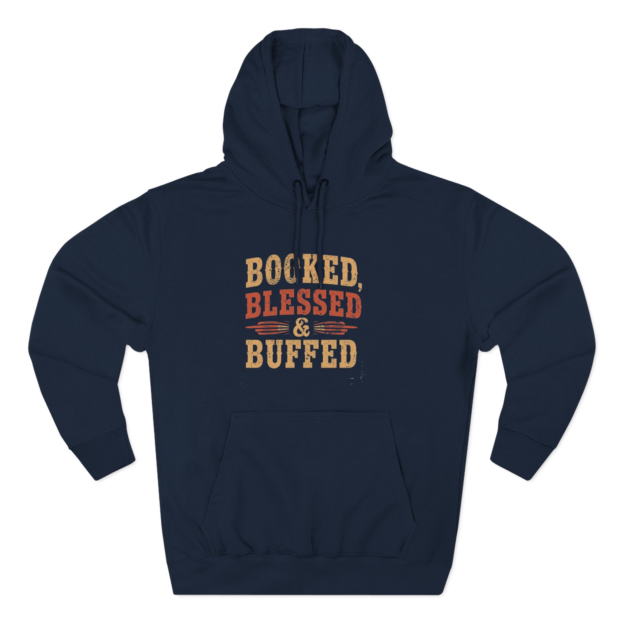 Navy blue hoodie with 'Boked, Blessed & Buffed' text on a white background