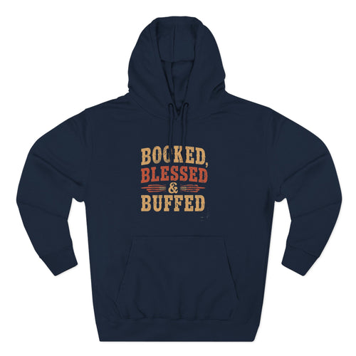 Navy blue hoodie with 'Boked, Blessed & Buffed' text on a white background