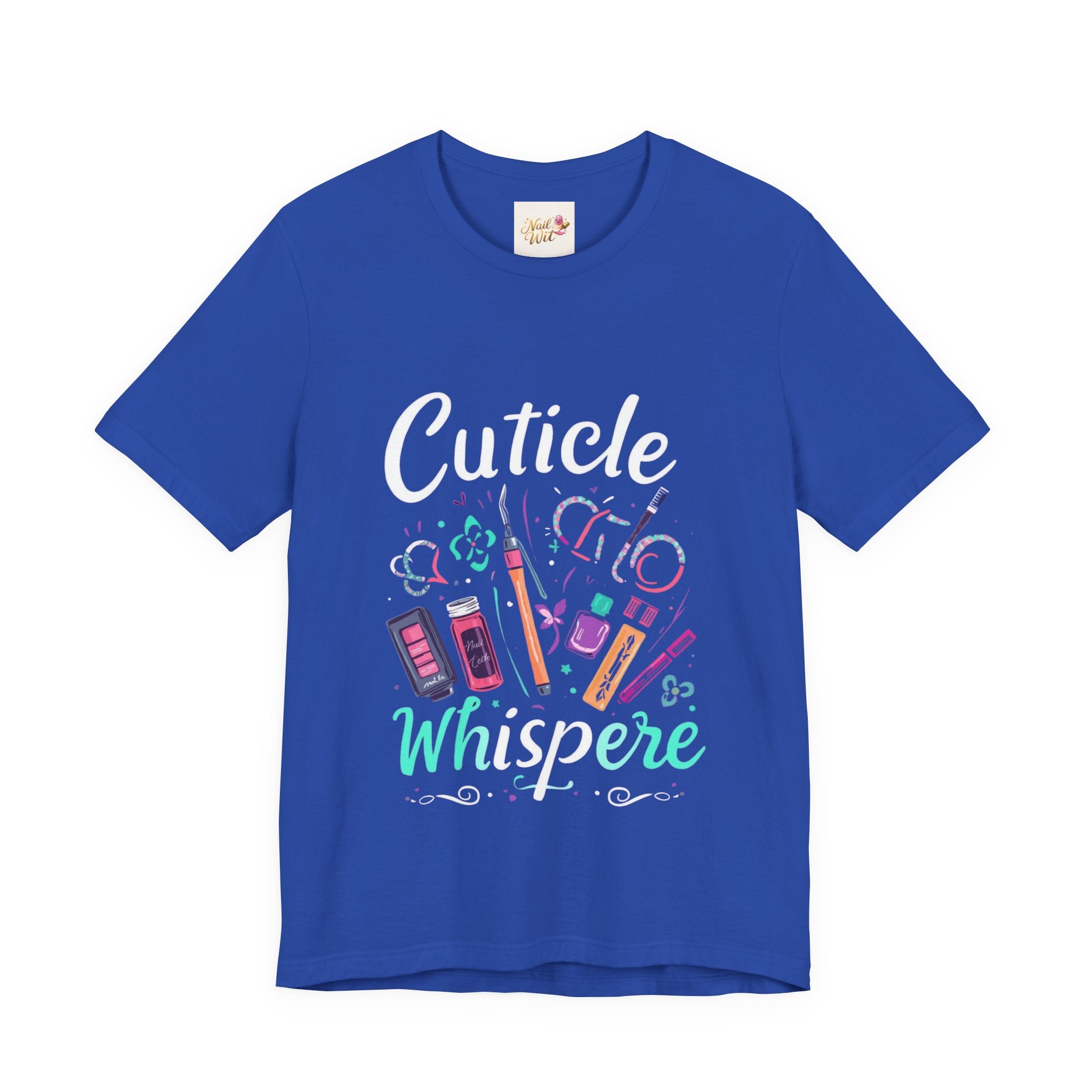 Blue t-shirt with colorful graphic and text on a white background