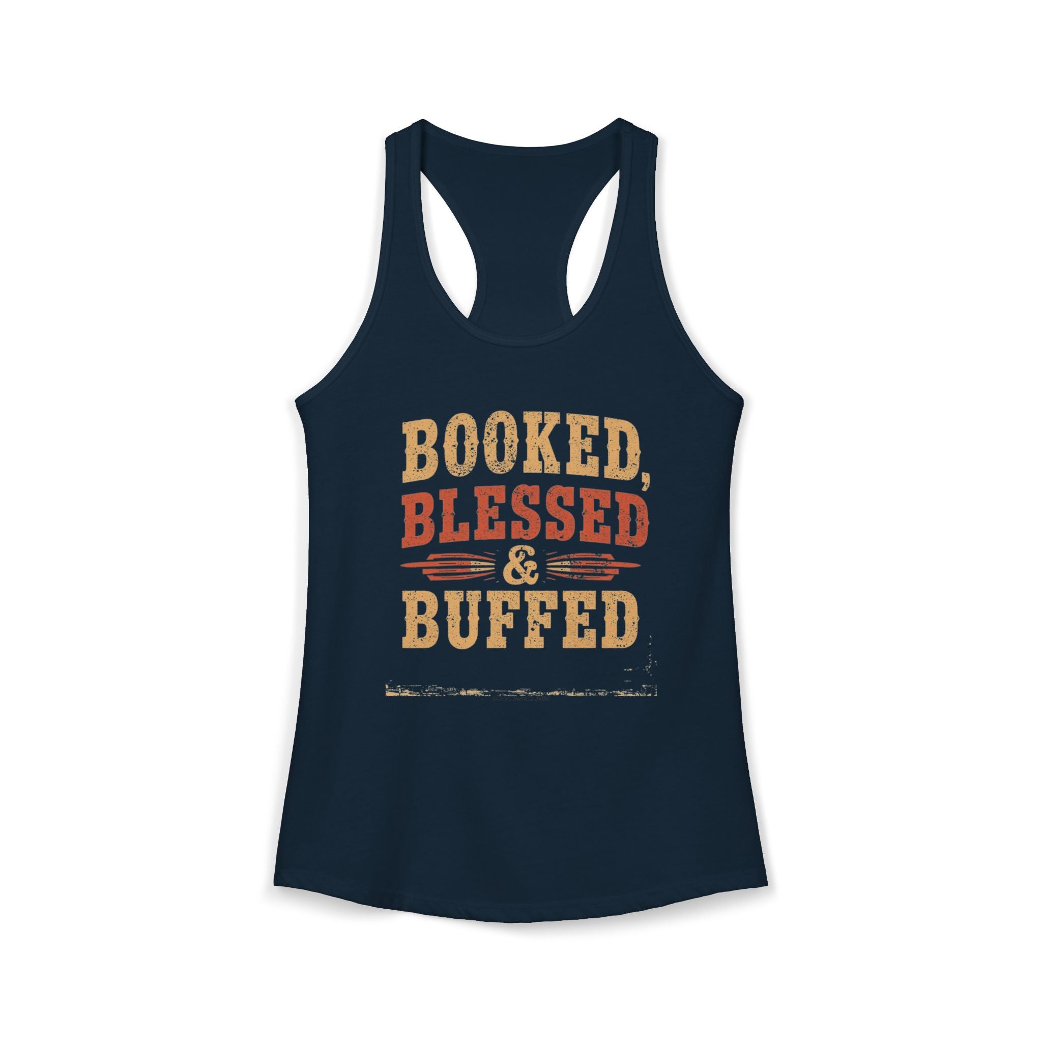 Navy tank top with 'Booked, Blessed & Buffed' text on a white background