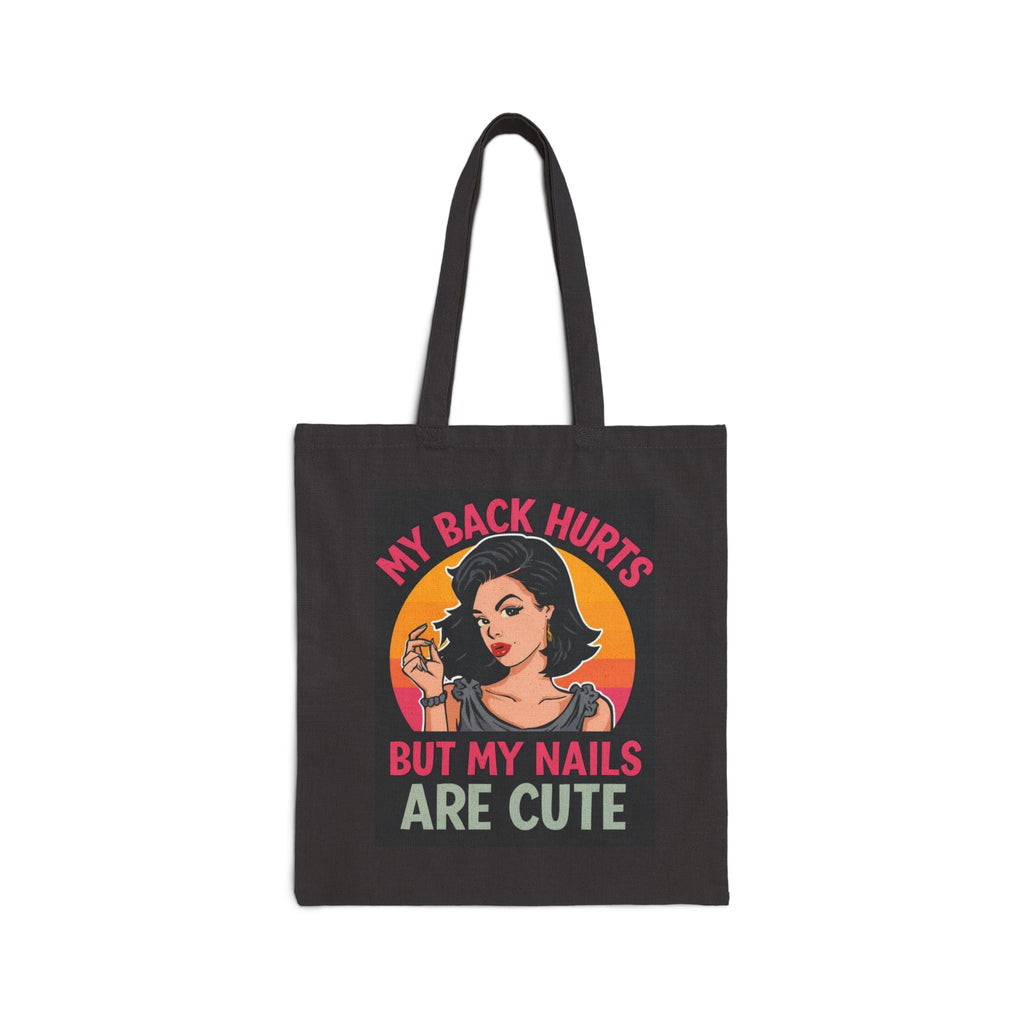 Black tote bag with graphic design and text on a white background