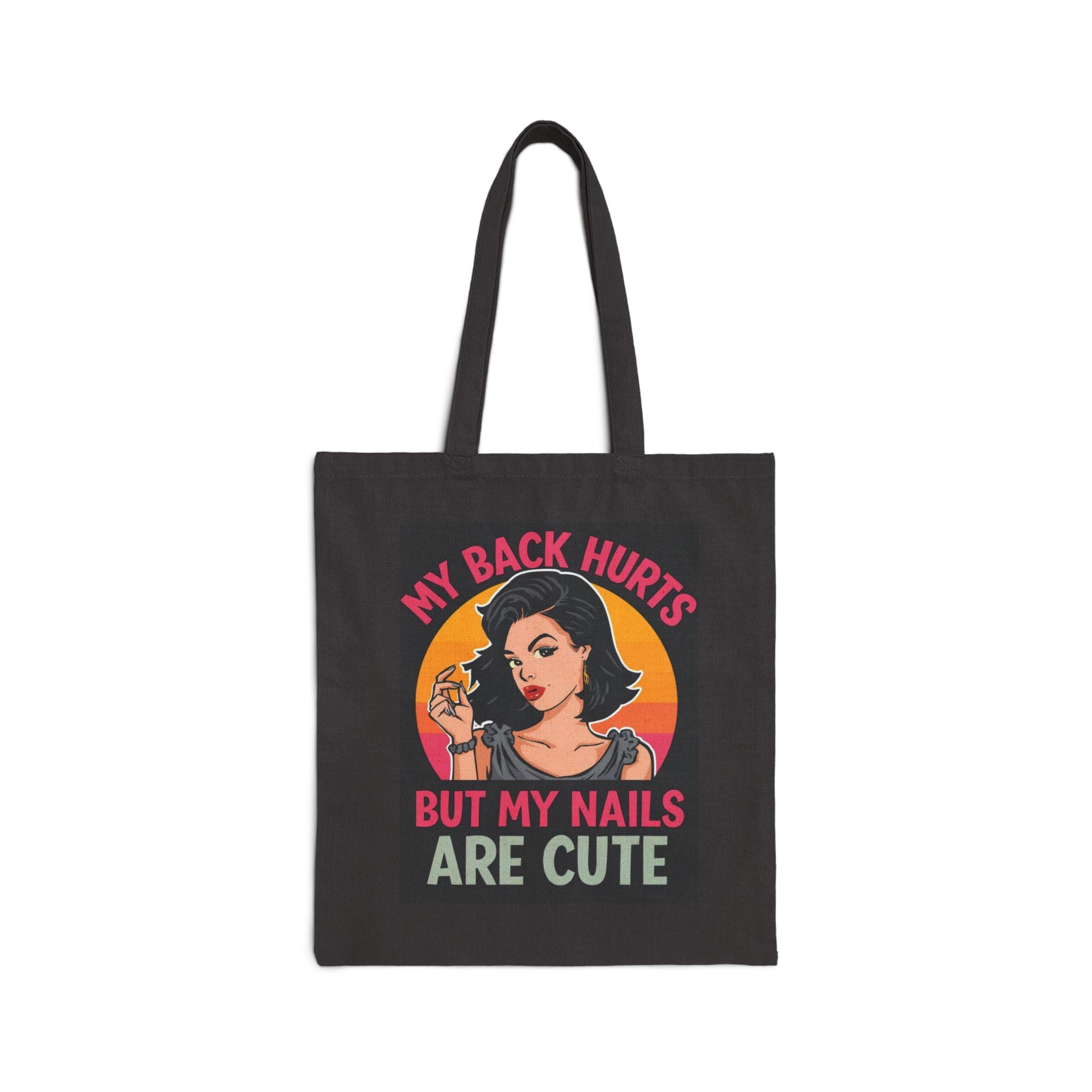 Black tote bag with graphic design and text on a white background