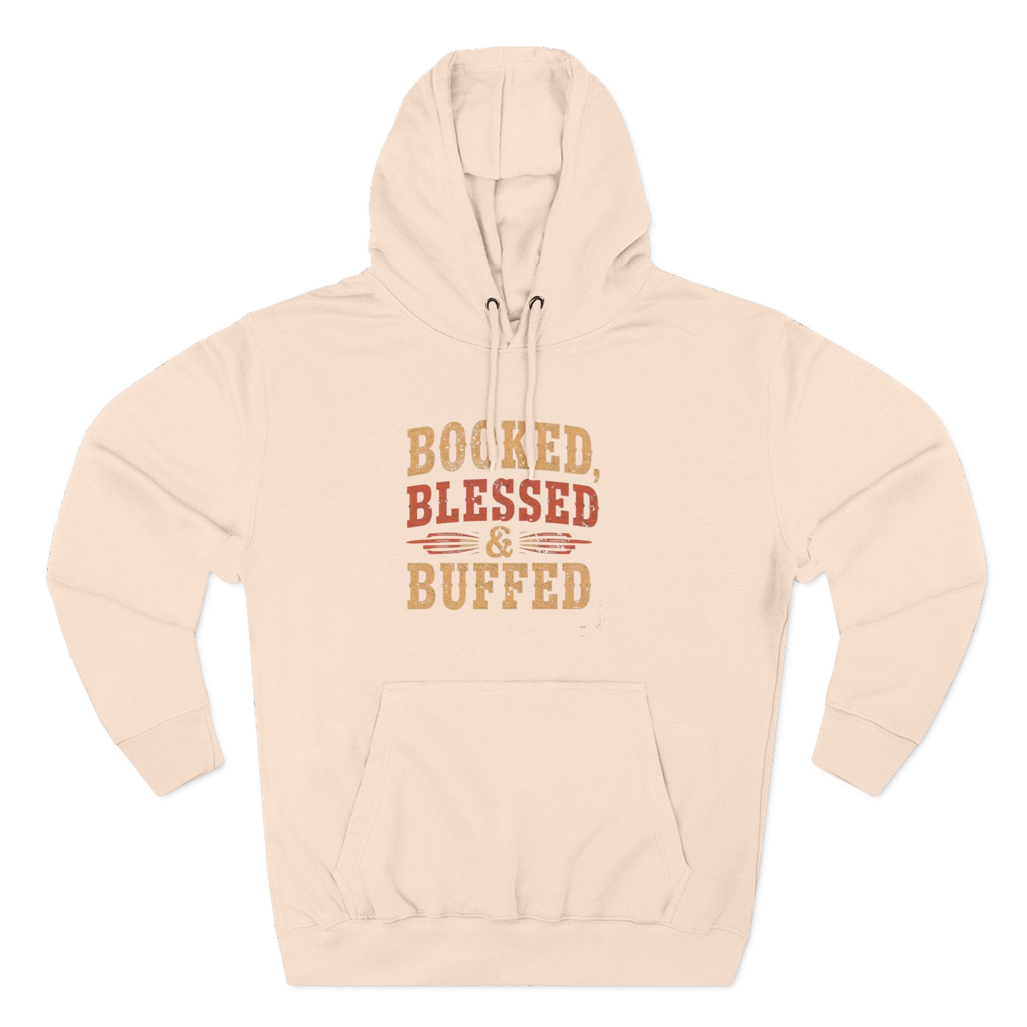 Beige hoodie with 'Booked, Blessed & Buffed' text on a white background