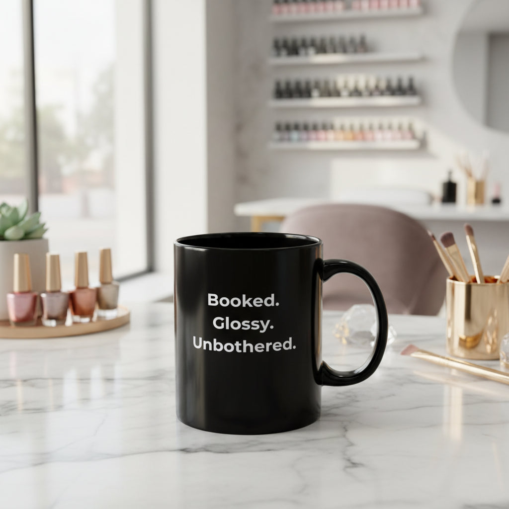 Black mug with white graphic design on a white background