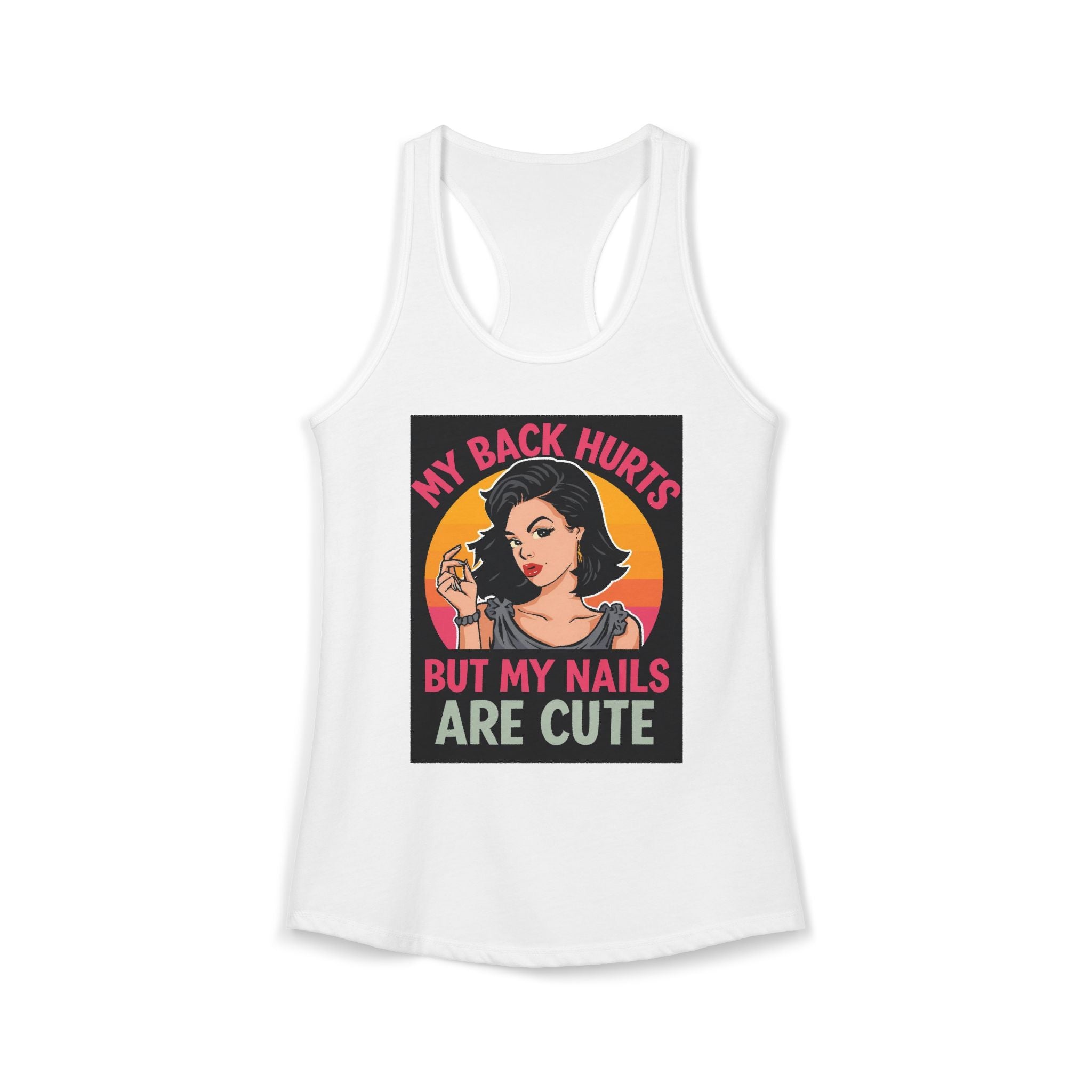 White tank top with a graphic design featuring a woman and text on a white background