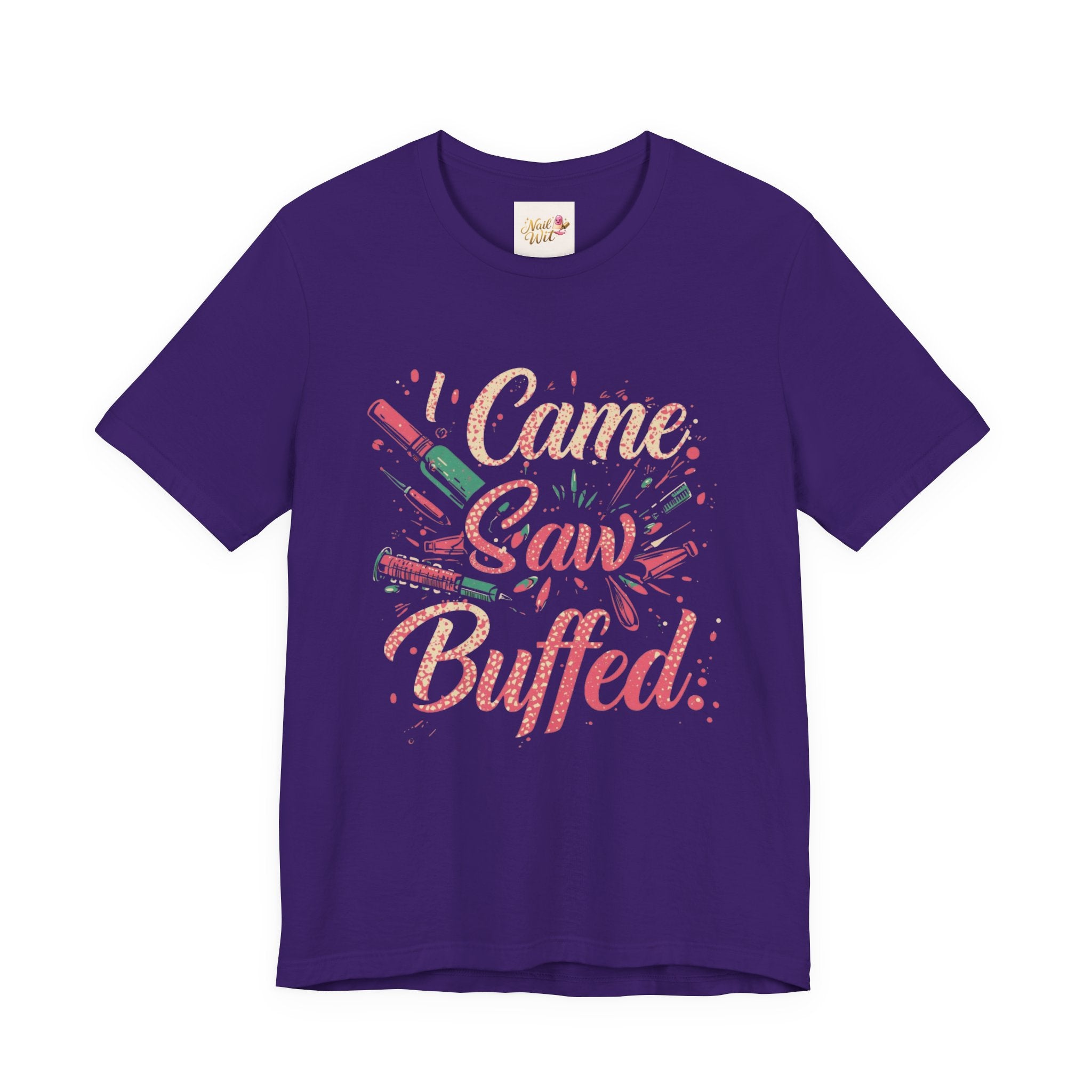 Purple t-shirt with colorful text design on a white background
