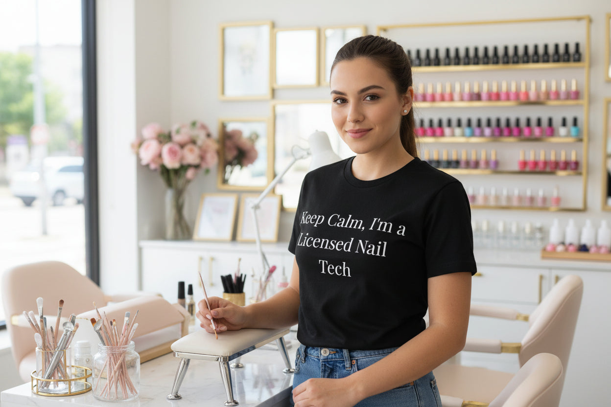 Keep Calm Im a Licensed Nail Tech t-shirt front view - gift for nail technicians - Nailwit